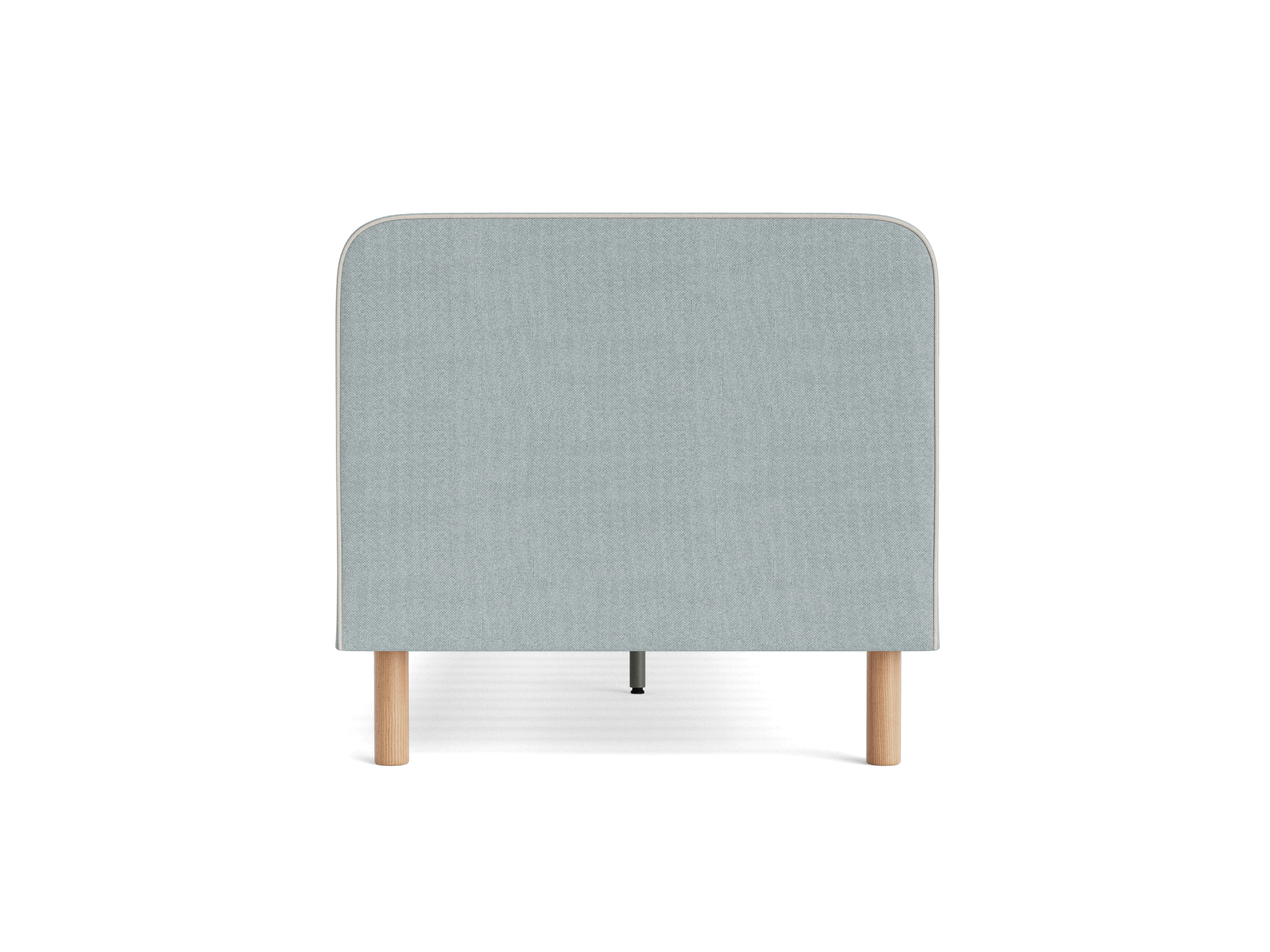 Light grey upholstered headboard with rounded top edges, supported by two wooden legs.