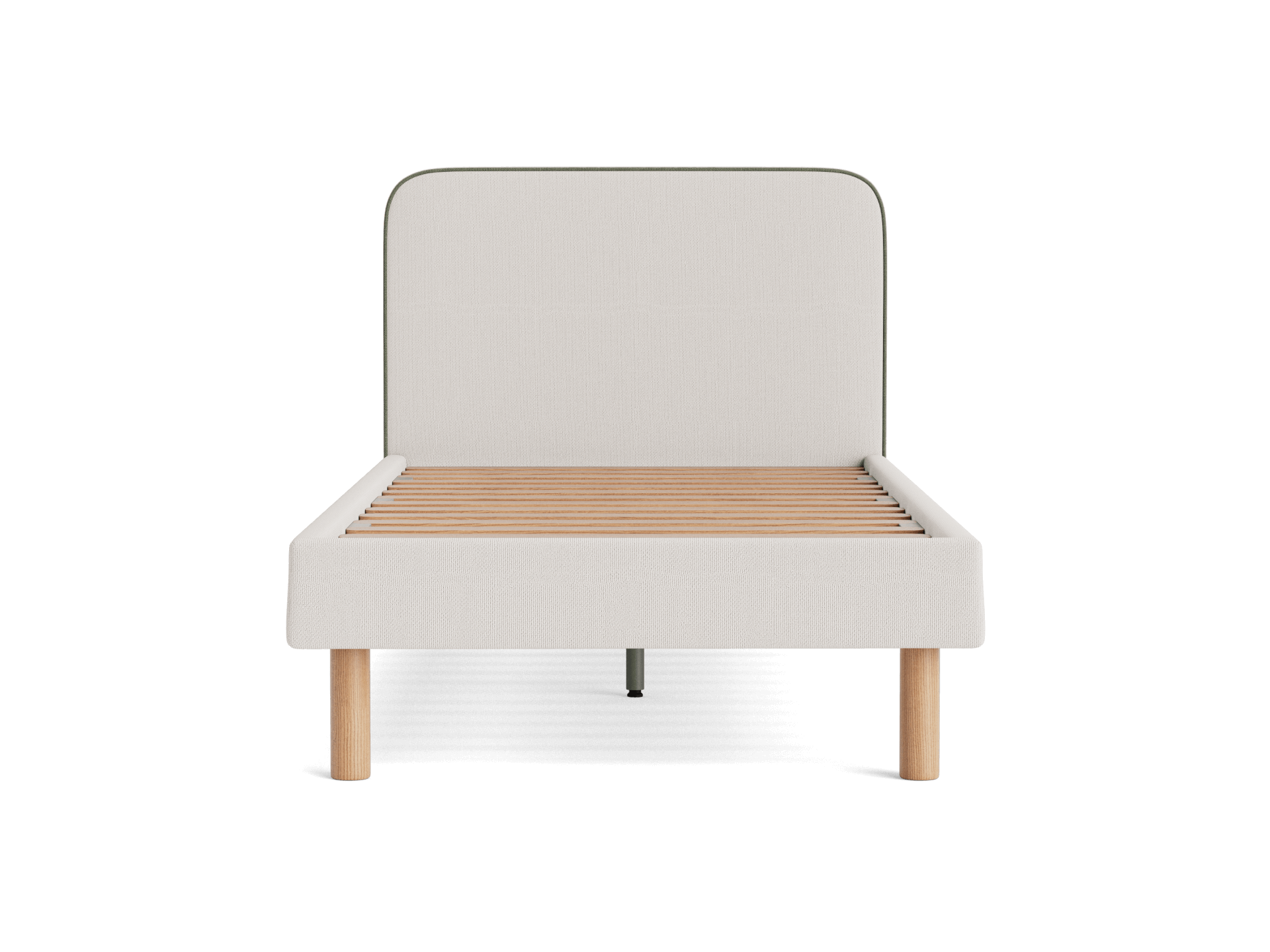 Light grey fabric bed frame with a curved headboard and wooden slats, supported by four wooden legs. Modern minimalist design.