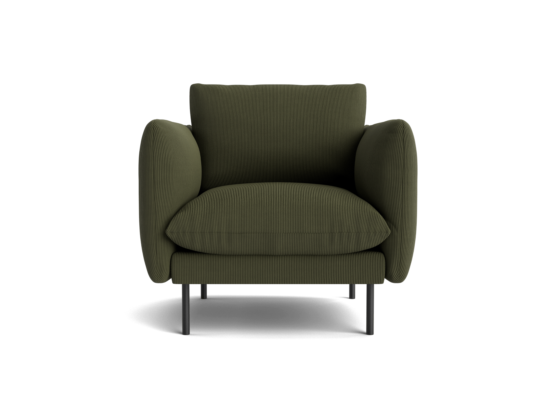 Olive green armchair with rounded cushions and black legs, offering modern style and comfort. Perfect for living room or reading nook.