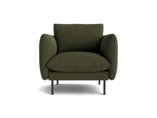 Olive green armchair with rounded cushions and black legs, offering modern style and comfort. Perfect for living room or reading nook.