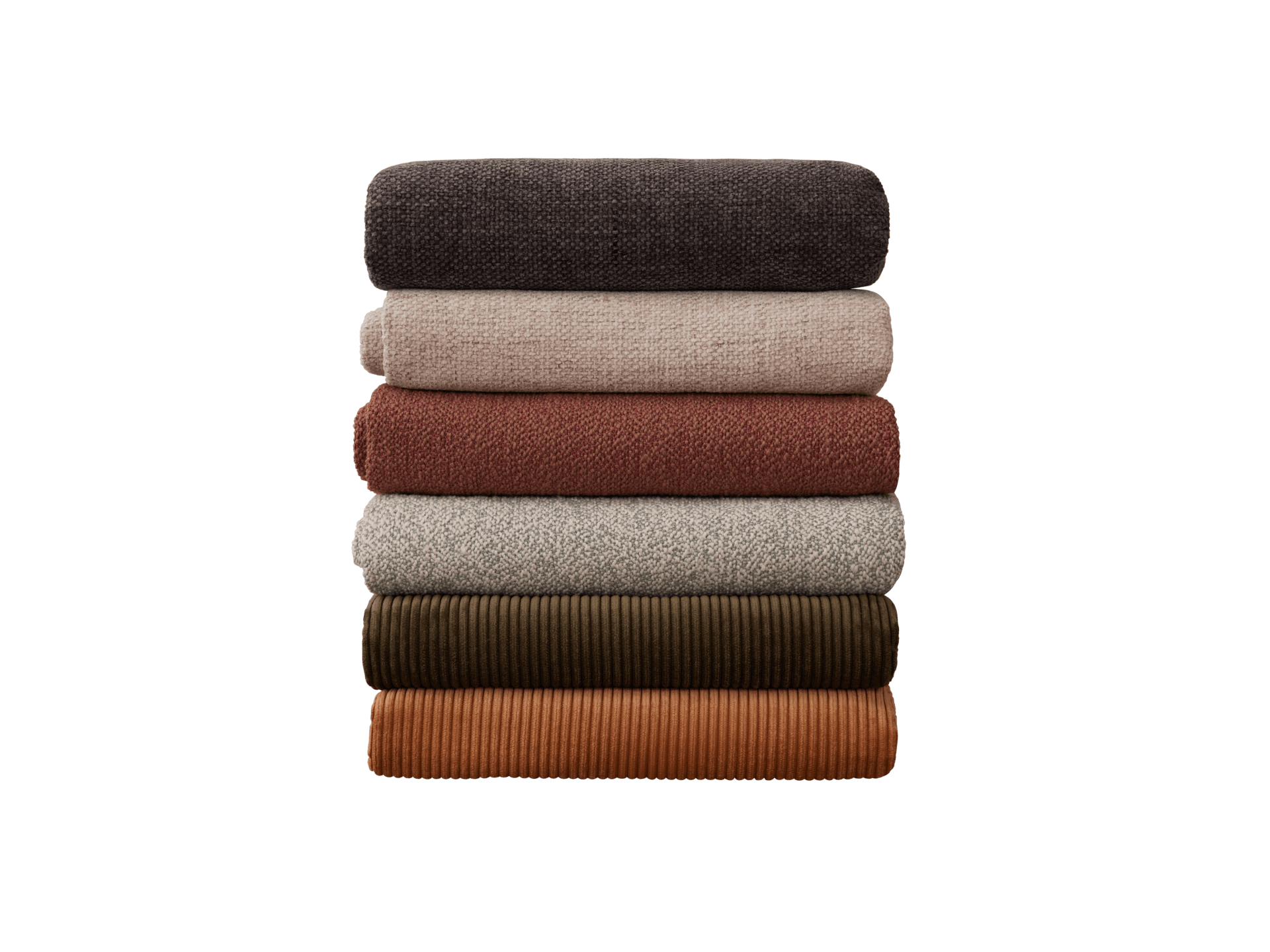 Stack of six folded fabrics in dark grey, light brown, rust, beige, olive green, and orange, arranged vertically on a white background.