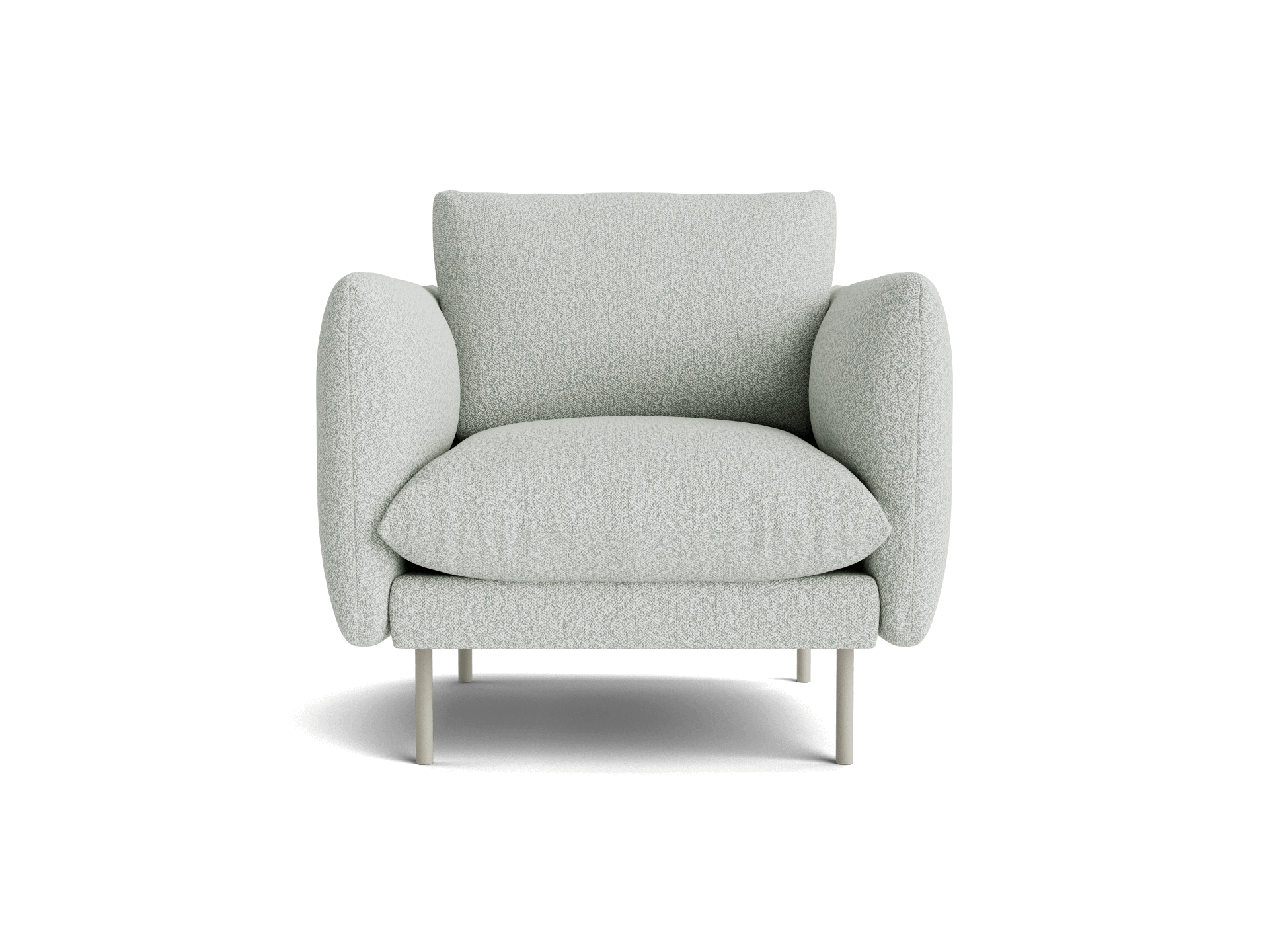 Light grey armchair with plush cushions and curved armrests on slim legs, perfect for modern living room comfort.