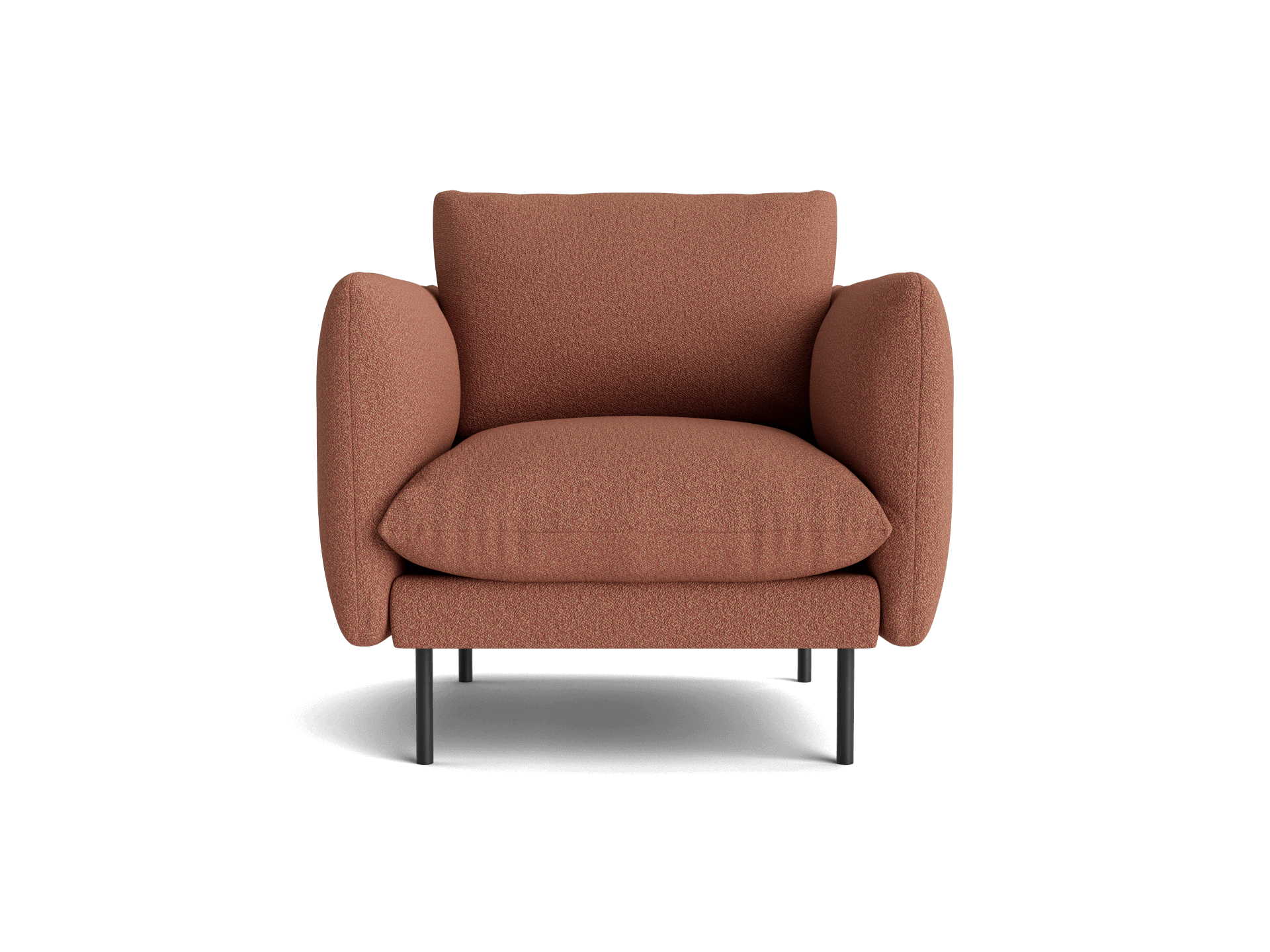 Brown armchair with plush cushions and tubular metal legs, viewed from the front. Comfortable modern furniture design.