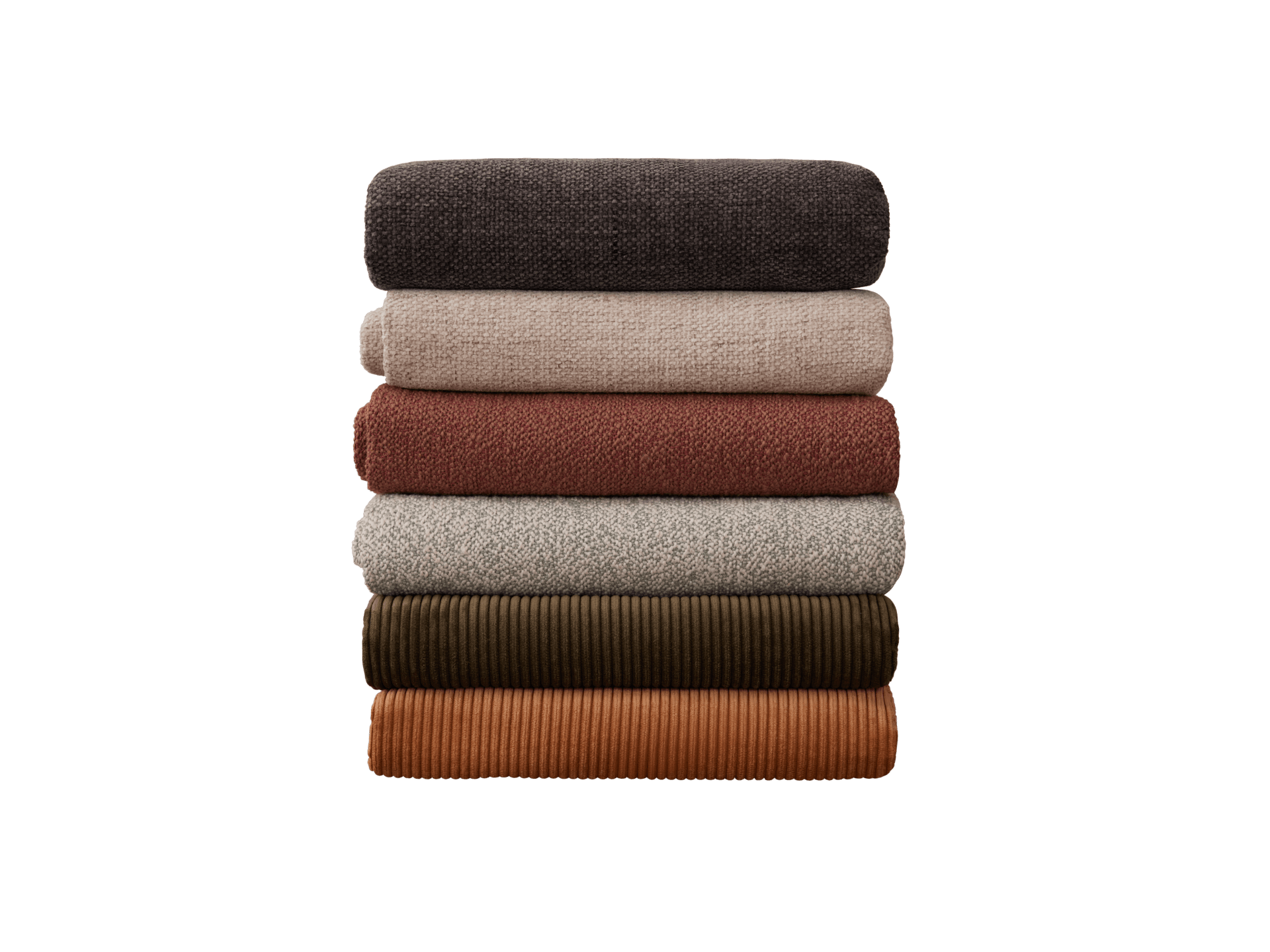 Stack of six folded fabrics in dark grey, beige, brown, light grey, olive green, and orange.