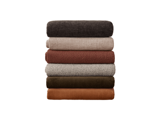 Stack of six folded fabrics in dark grey, beige, brown, light grey, olive green, and orange.