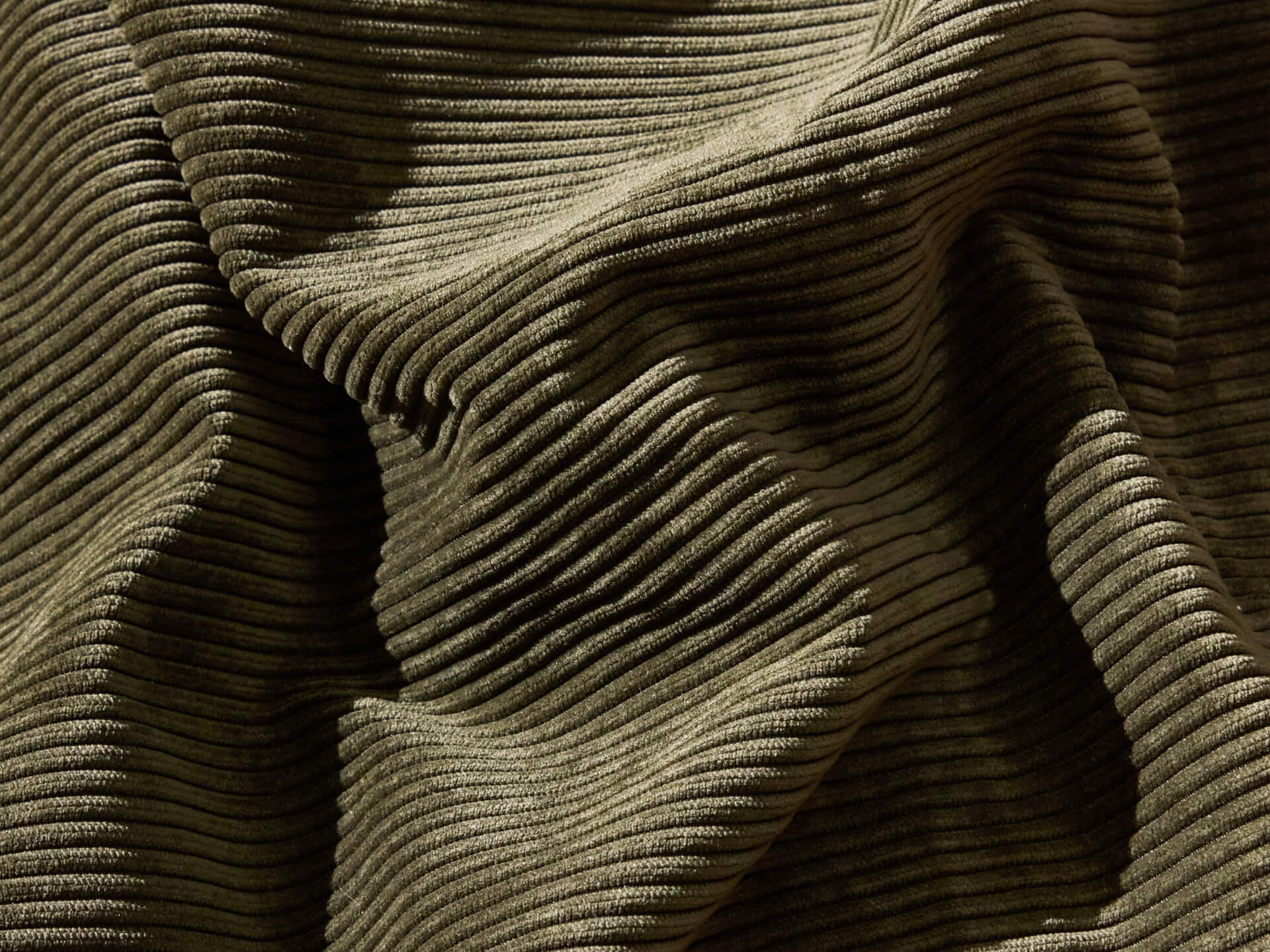 Close-up of olive green corduroy fabric with soft folds and ribbed texture.