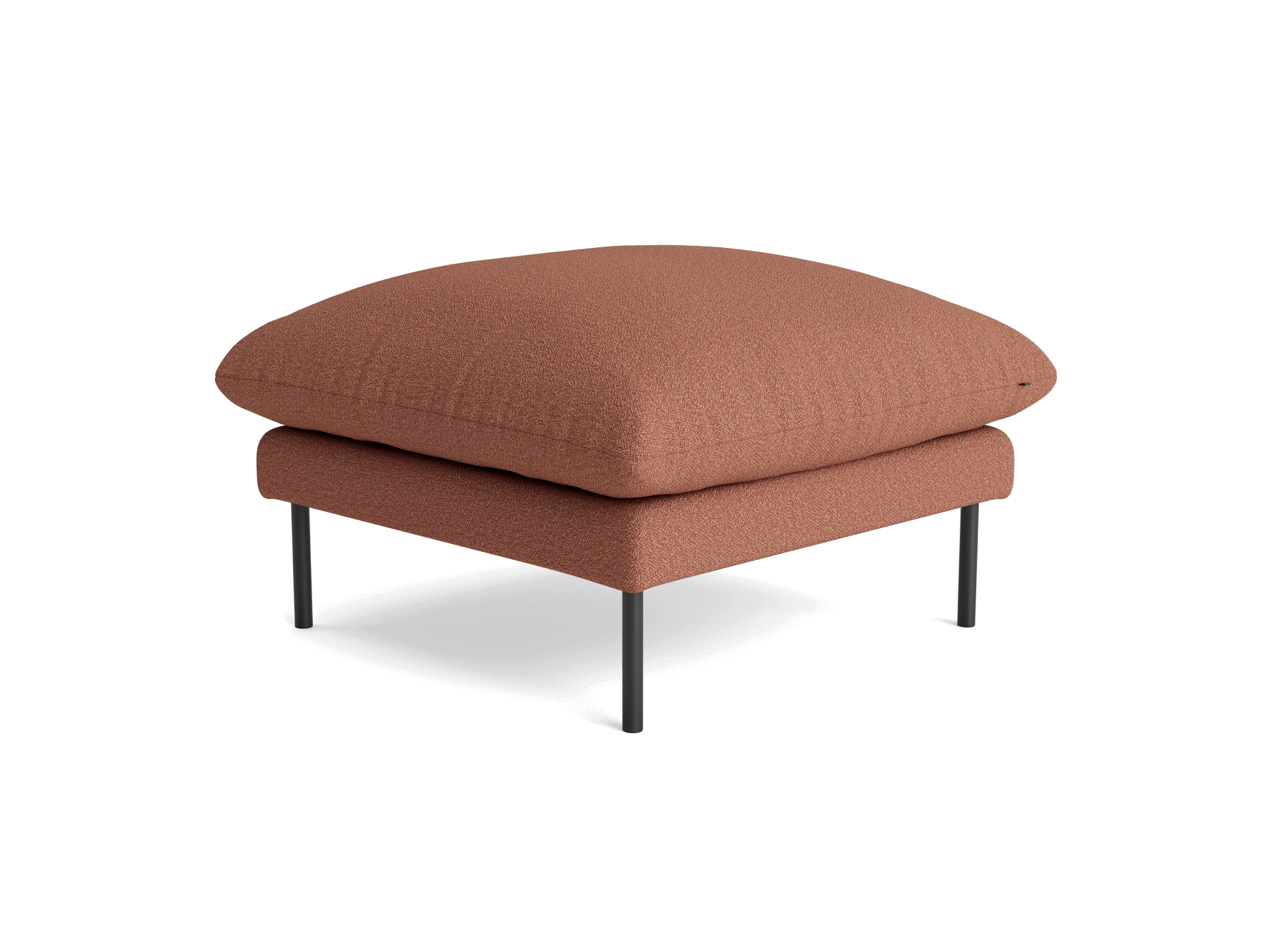 Square ottoman with dark orange fabric and slim, metallic legs.