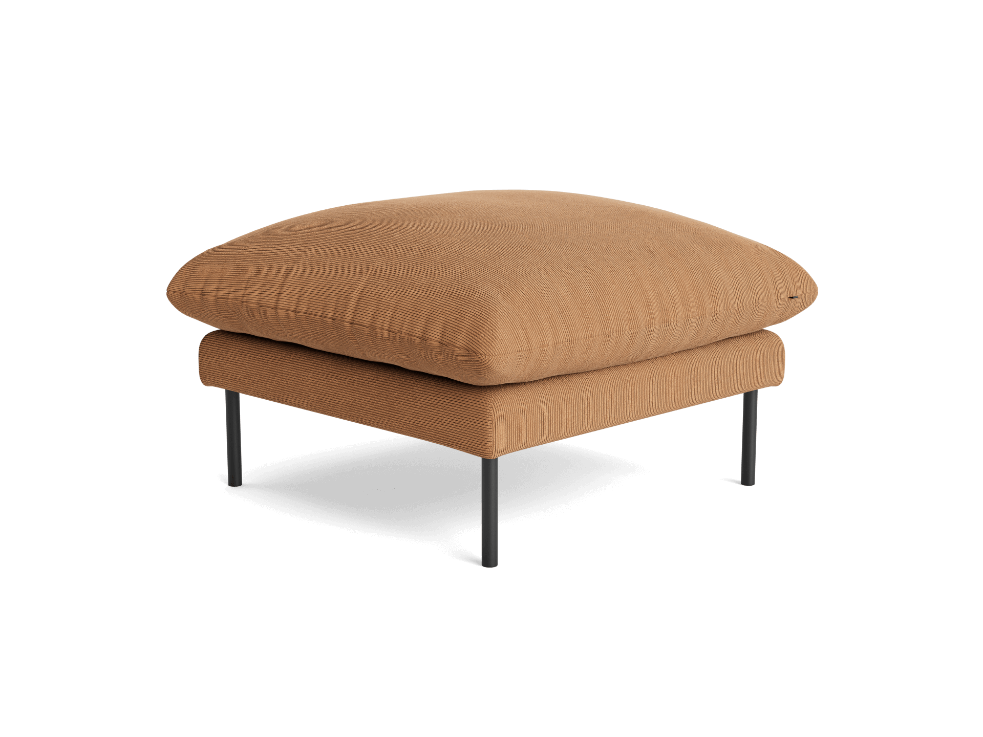 Tan ottoman with a plush cushion on sleek black metal legs. Modern and minimalist design. Perfect for living room or lounge area.