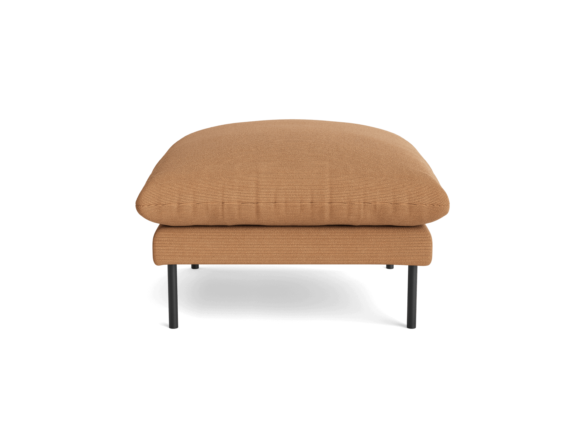 Brown upholstered ottoman with plush cushion and sleek black metal legs, casting a slight shadow on the ground.