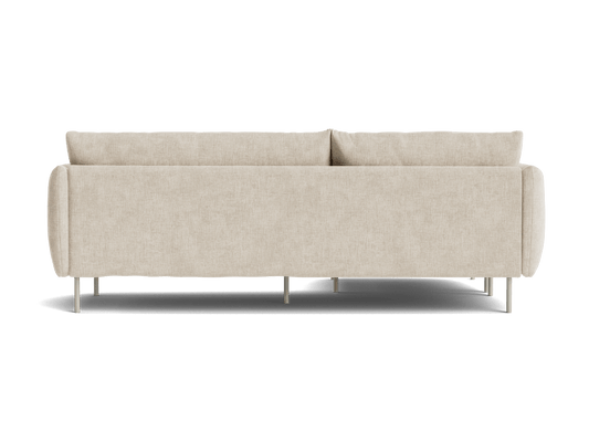 Beige fabric sofa with metal legs, viewed from the back. Simple, modern design with plush cushions.