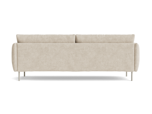 Back view of a beige fabric sofa with square cushions and slim metal legs. Minimalist and modern design.