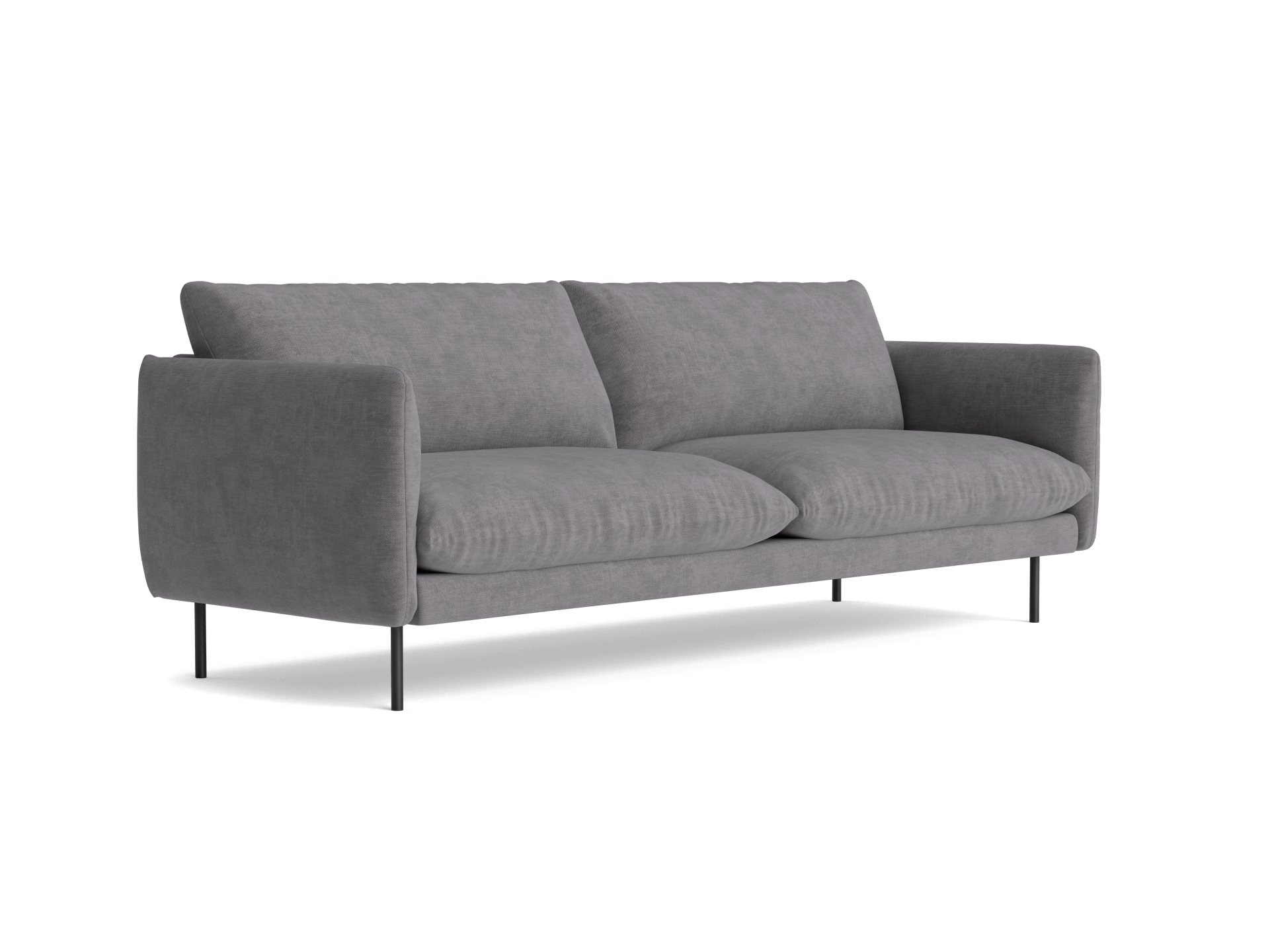 Grey three-seater sofa with plush cushions, sleek modern design, and metal legs. Perfect for contemporary living room decor.