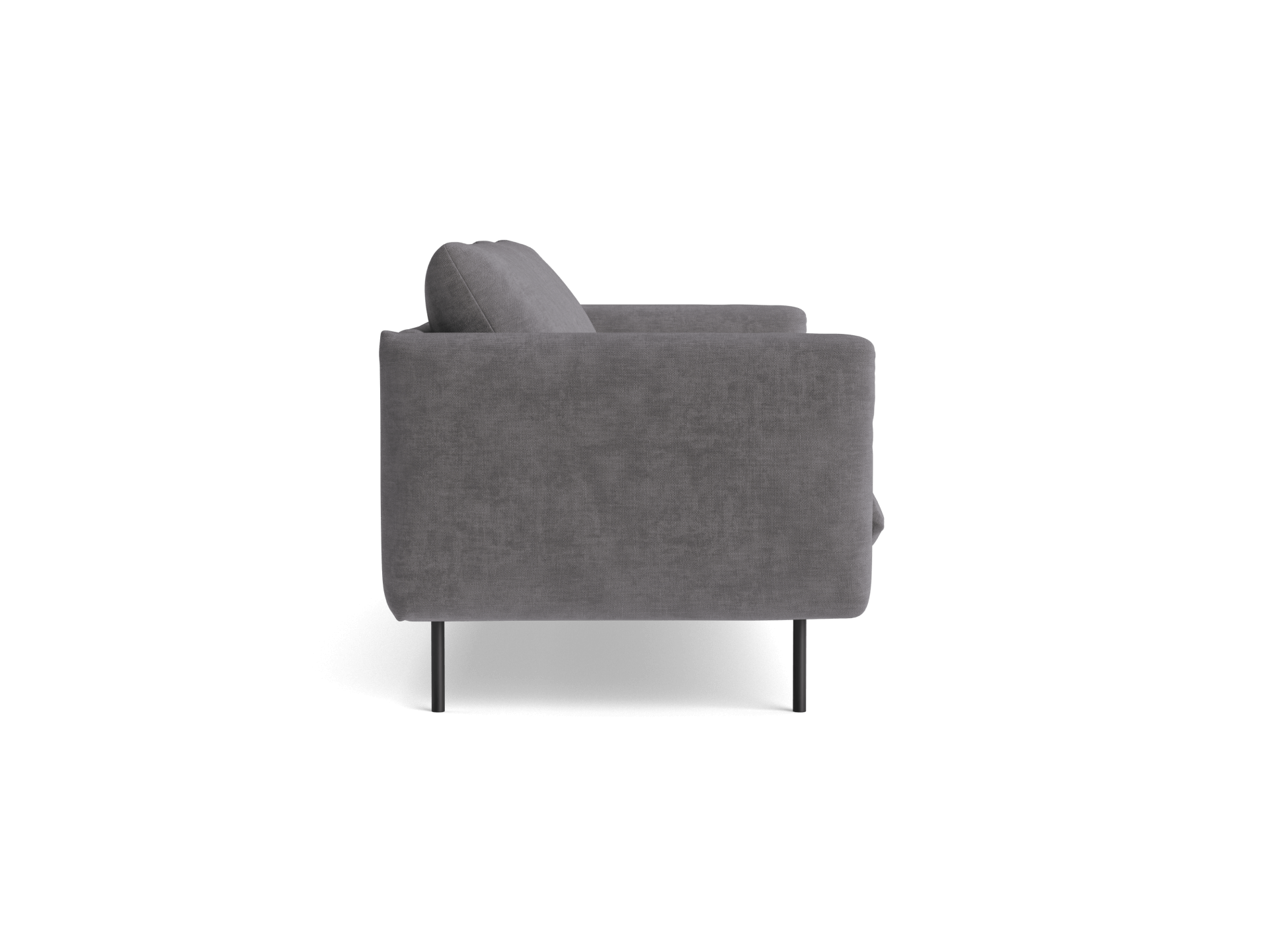 Side view of a grey fabric sofa with slim black legs, showing modern design and straight armrests.