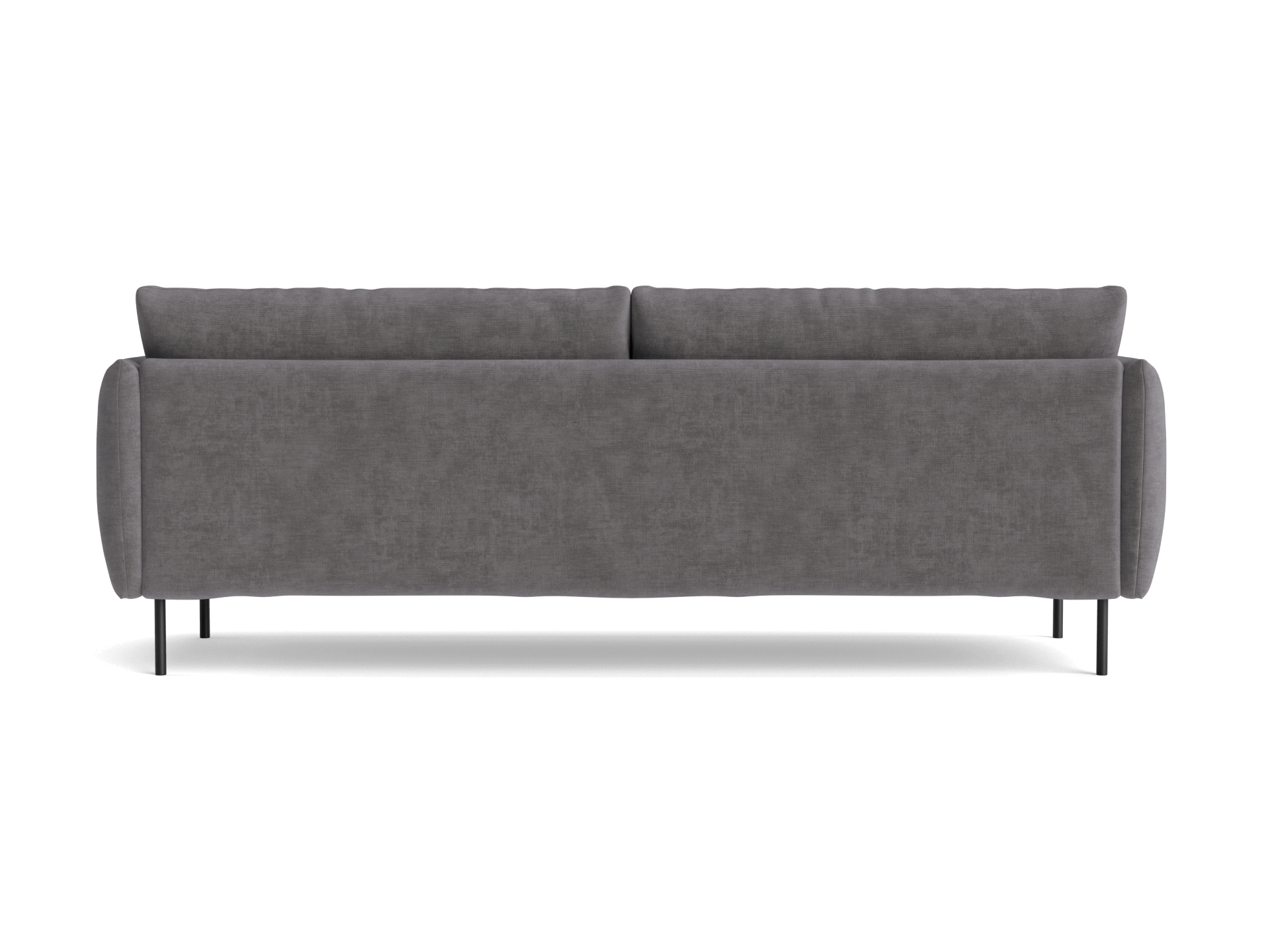 Rear view of a modern grey sofa with cylindrical armrests and black metal legs. Upholstered in textured fabric.