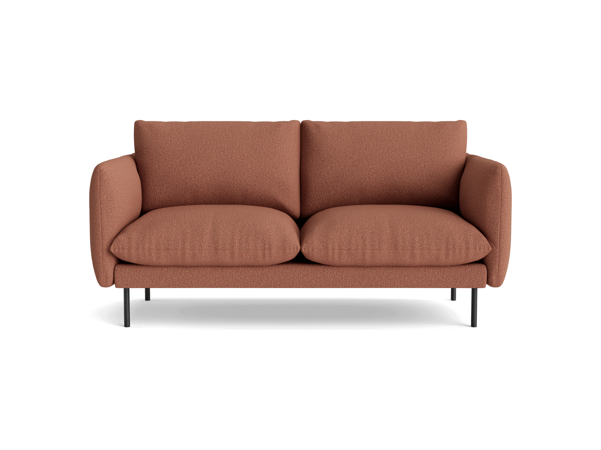 Brown two-seater sofa with plush cushions and slim black metal legs.