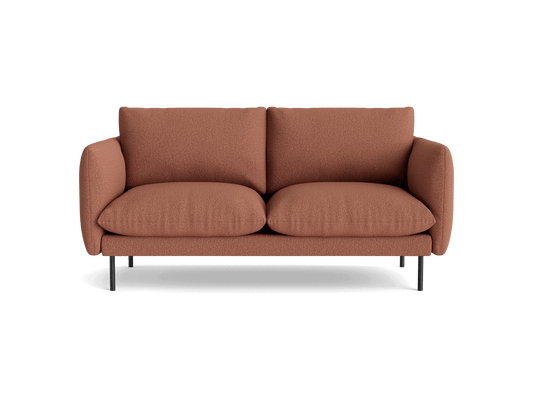 Brown two-seater sofa with plush cushions and slim black metal legs.