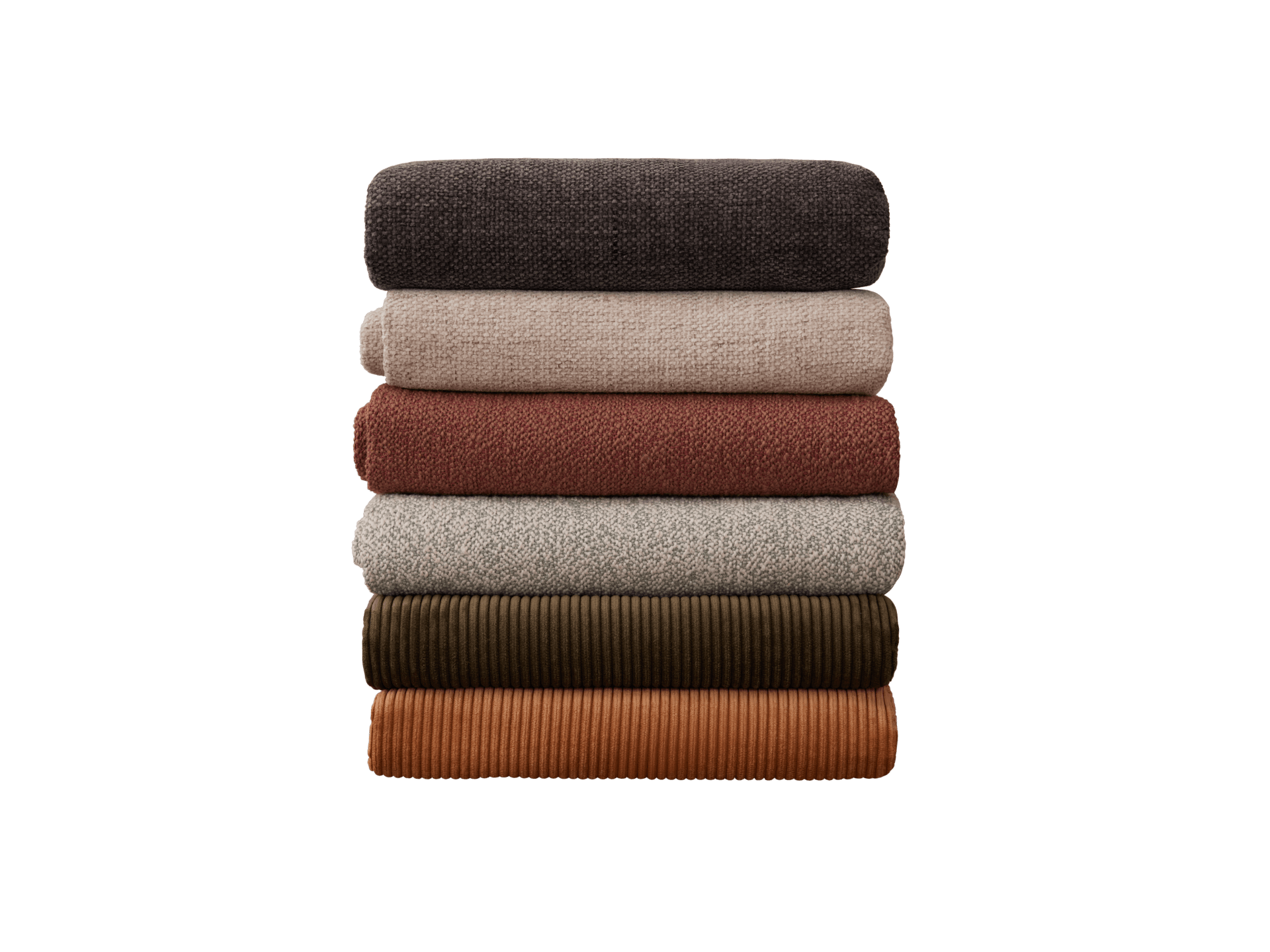 Stack of six fabric rolls in varied textures and colours: dark grey, beige, rust, light grey, olive green, and brown.