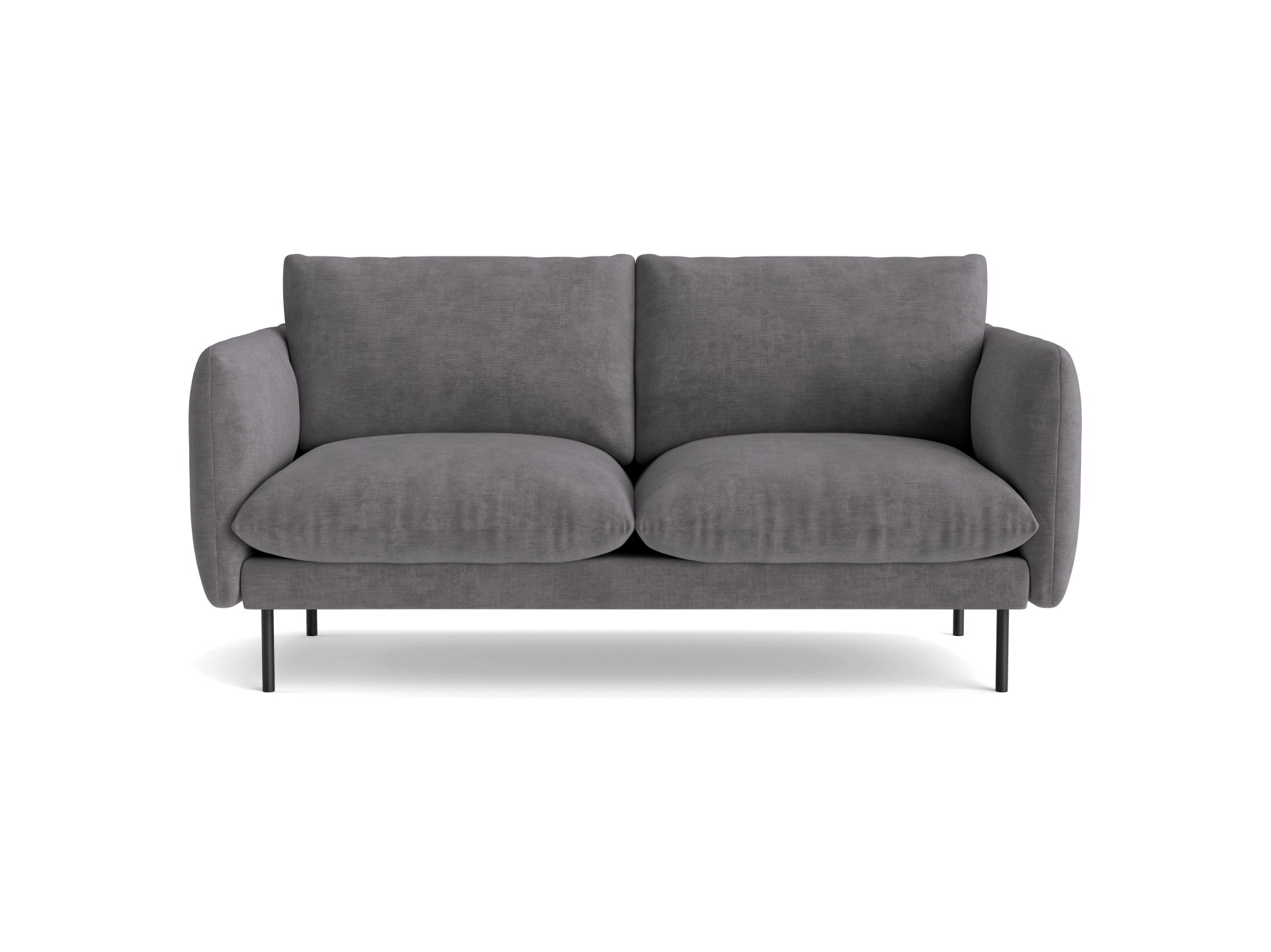 Modern dark grey two-seater sofa with plush cushions and rounded arms on sleek black metal legs.