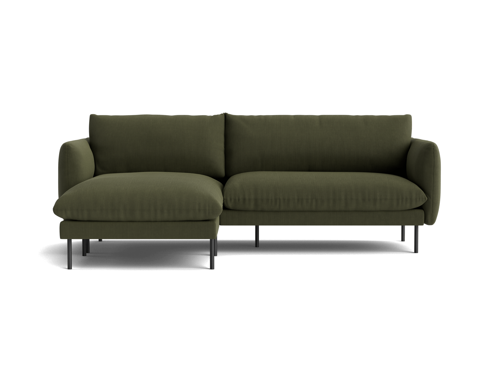 Olive green sectional sofa with a chaise on the left, featuring plush cushions and sleek black legs. Perfect for modern living rooms.