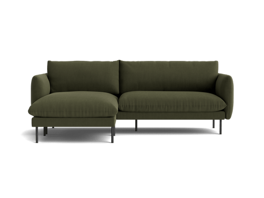 Olive green sectional sofa with a chaise on the left, featuring plush cushions and sleek black legs. Perfect for modern living rooms.