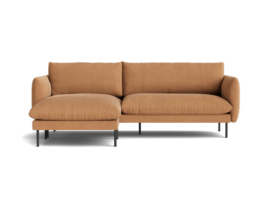 Brown L-shaped sofa with a chaise on the left side, featuring sleek black legs and plush cushions.