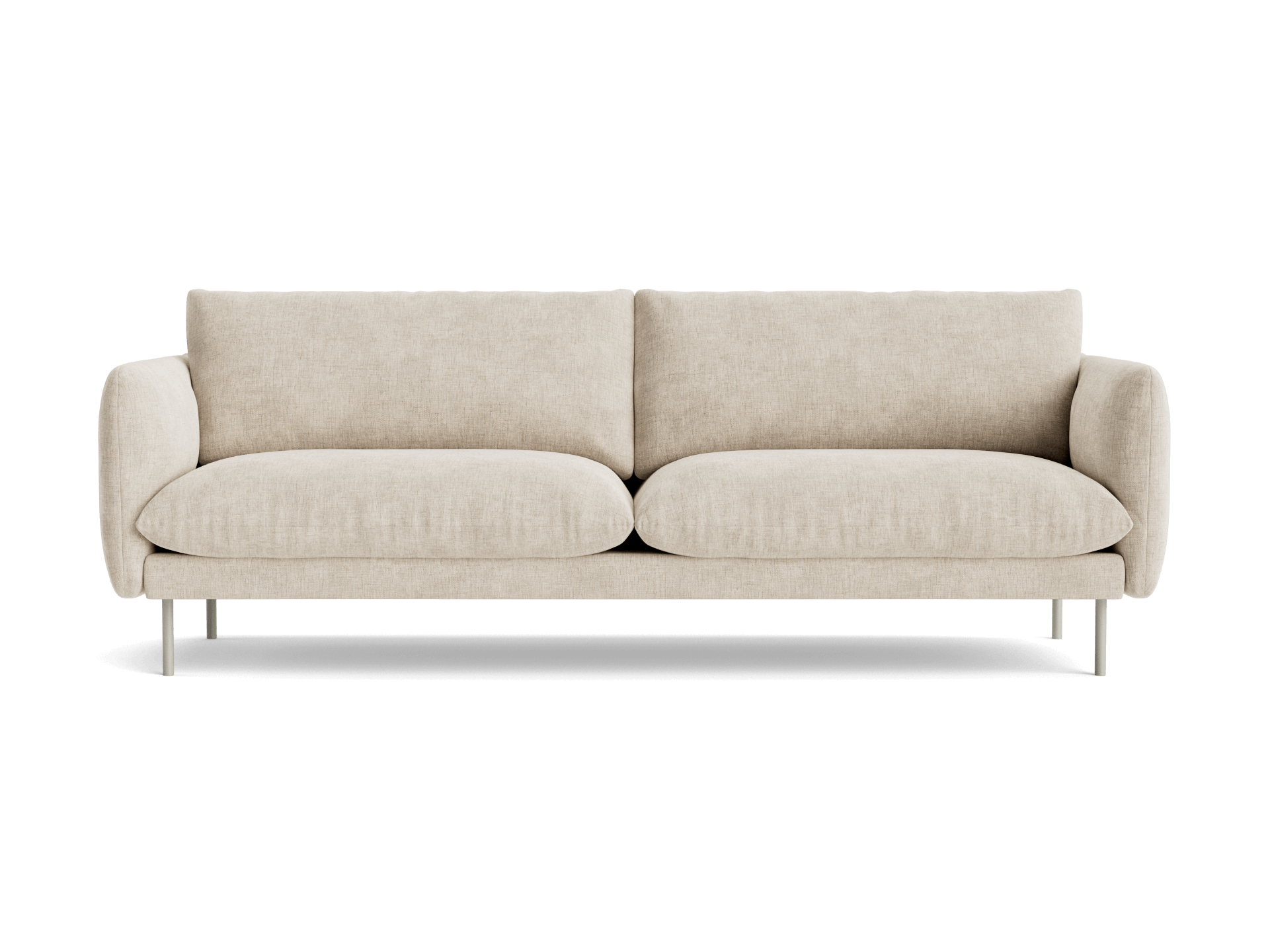 Beige three-seater sofa with plush cushions and slender metal legs. Modern design, ideal for a contemporary living room.