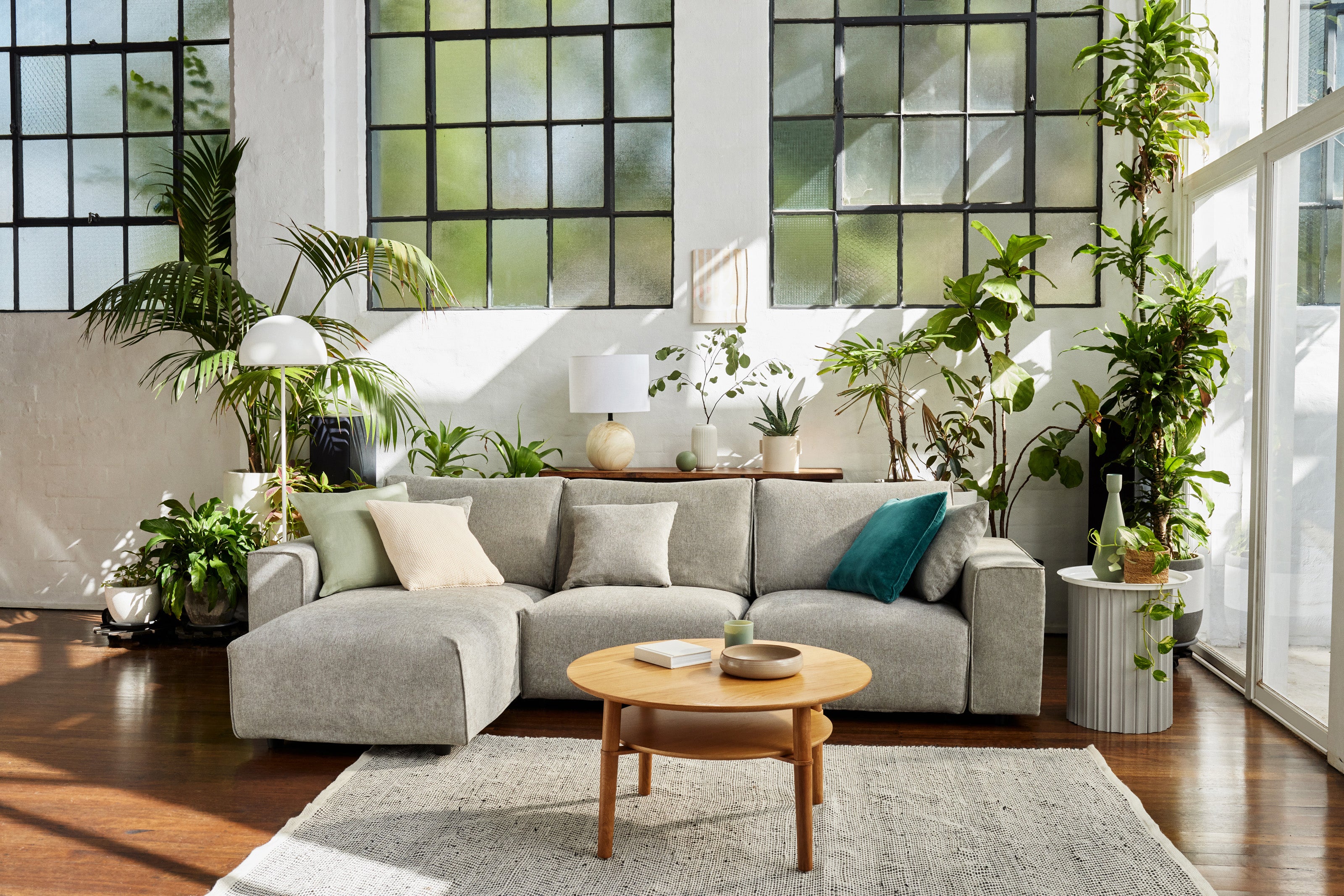 A light grey sofa with cushions, surrounded by abundant green plants. Round wooden coffee table on a grey rug, under large industrial windows.