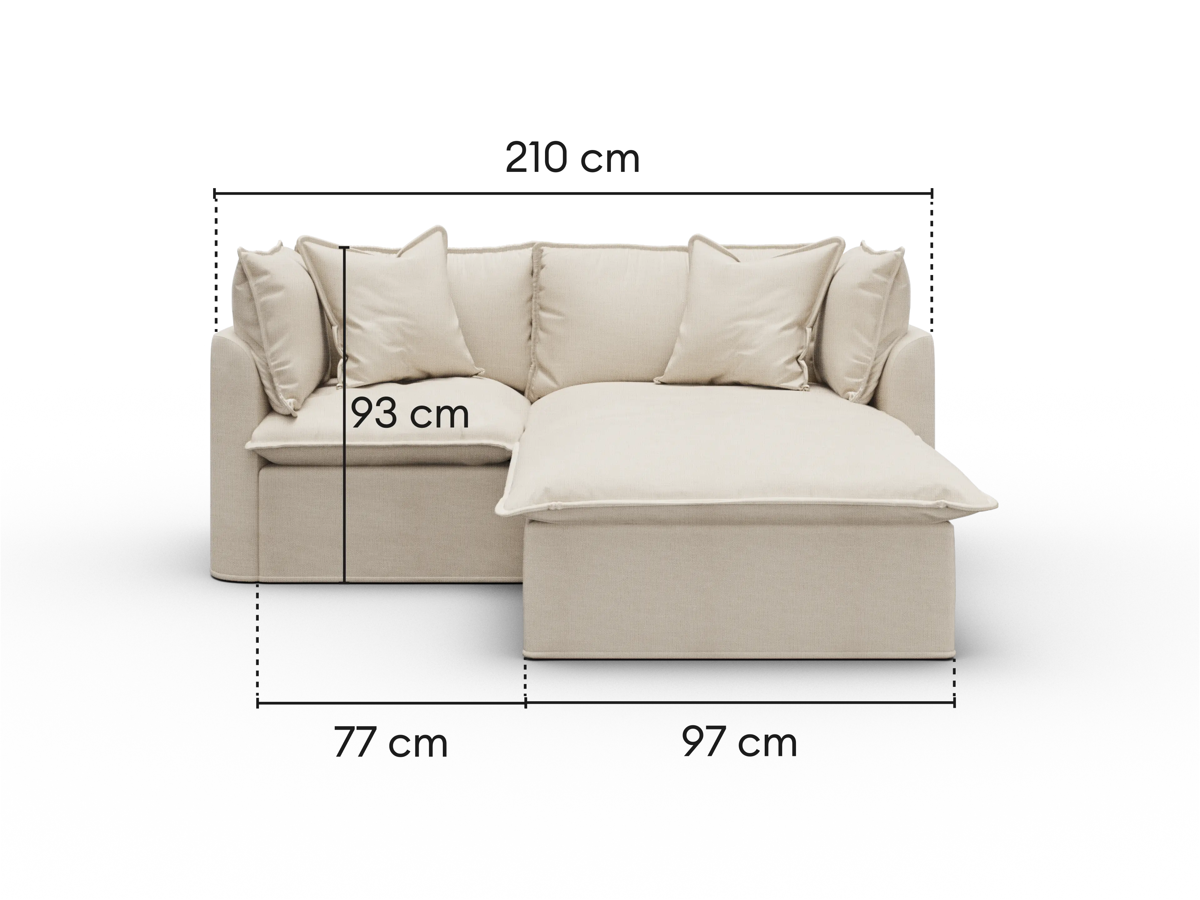 Dimensions diagram of Koala Tamworth 2-seater sofa with chaise with cm measurements