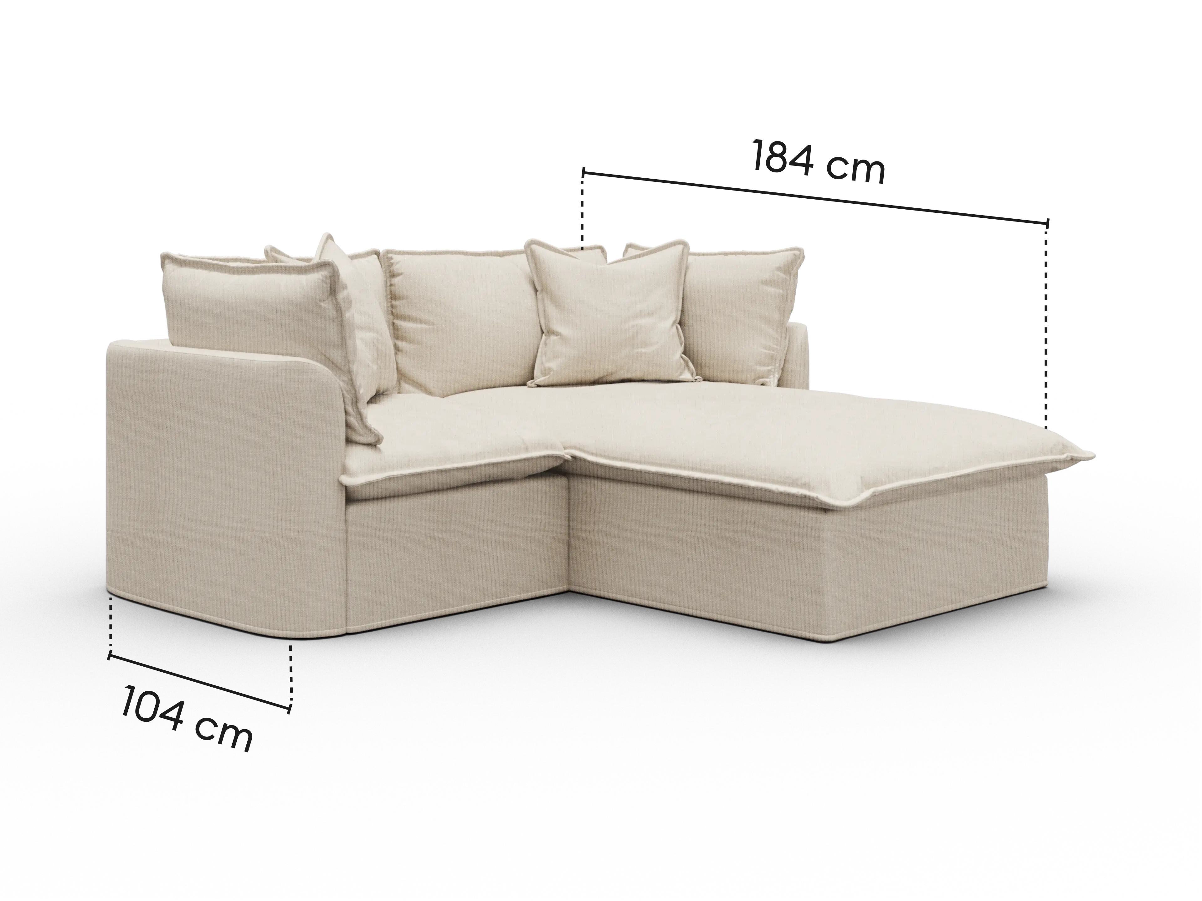 Dimensions diagram of Koala Tamworth 2-seater sofa with chaise with cm measurements