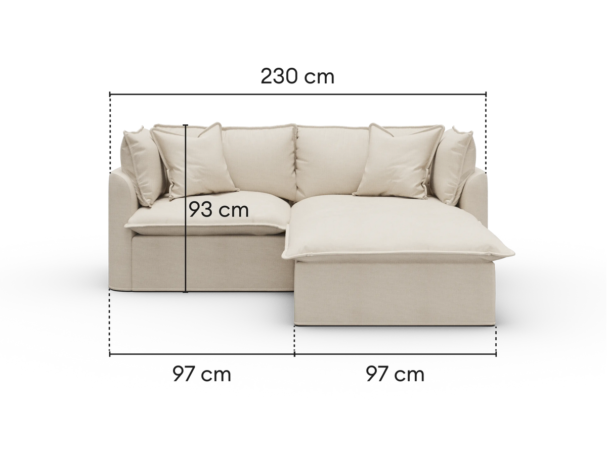 Dimensions diagram of Koala Tamworth 2-seater sofa with chaise with cm measurements