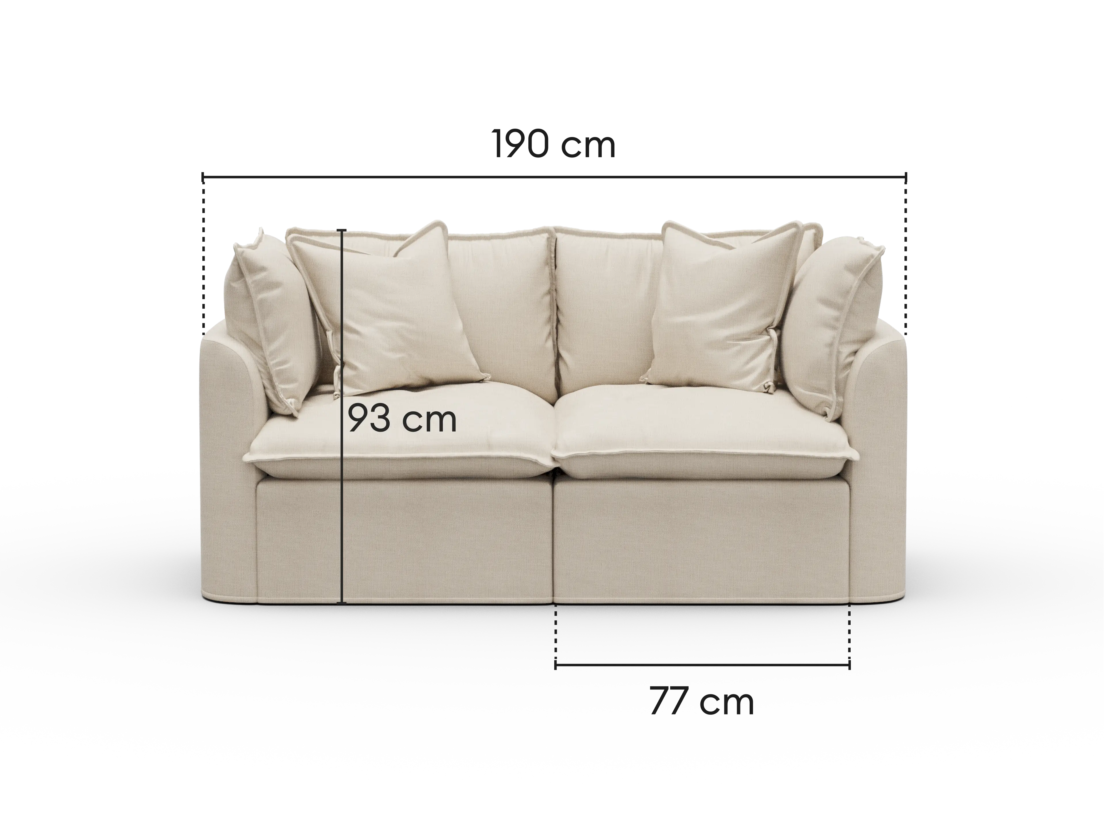 Dimensions diagram of Koala Tamworth 2-seater modular sofa with cm measurements