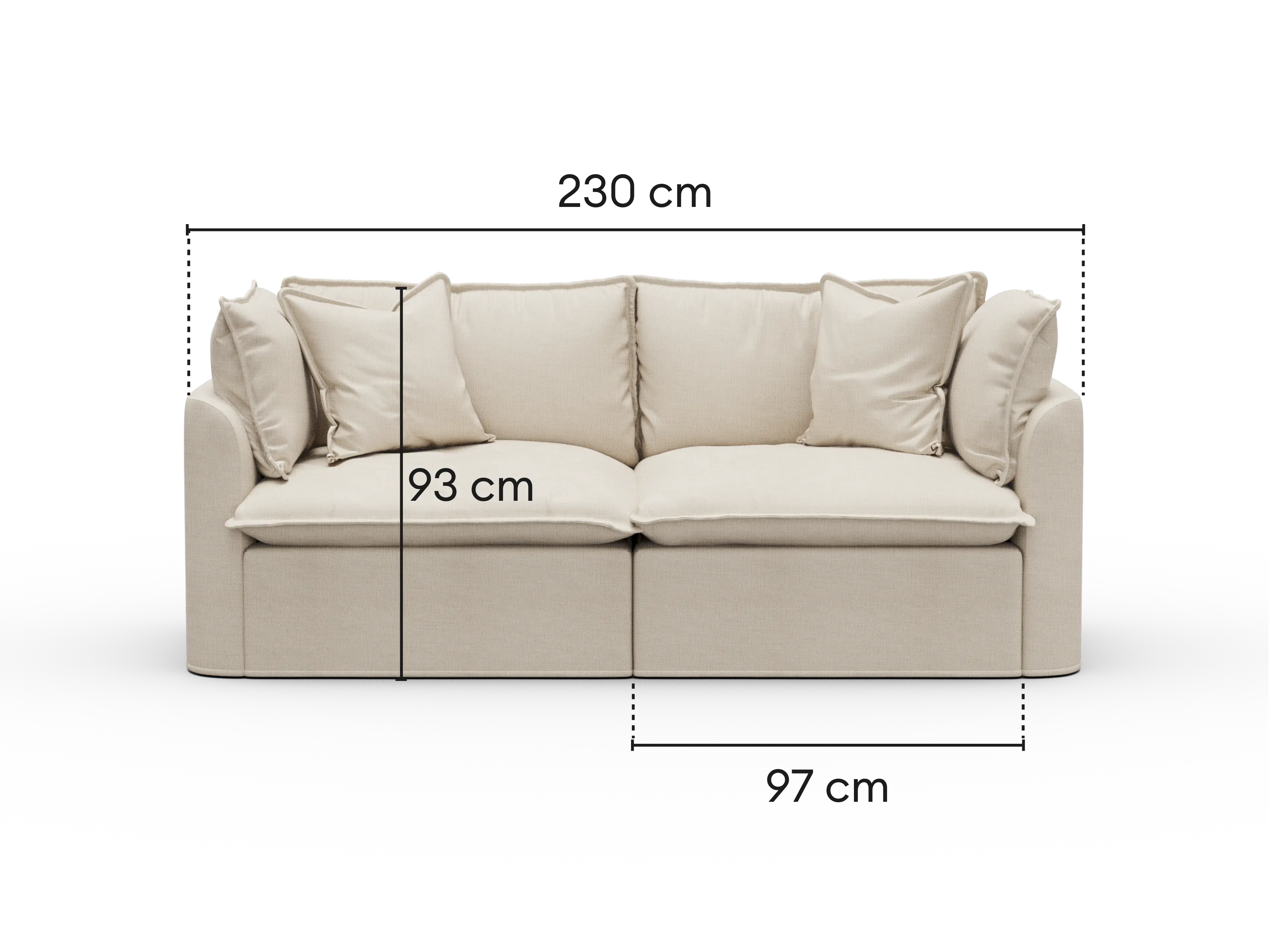 Dimensions diagram of Koala Tamworth 2-seater modular sofa with cm measurements