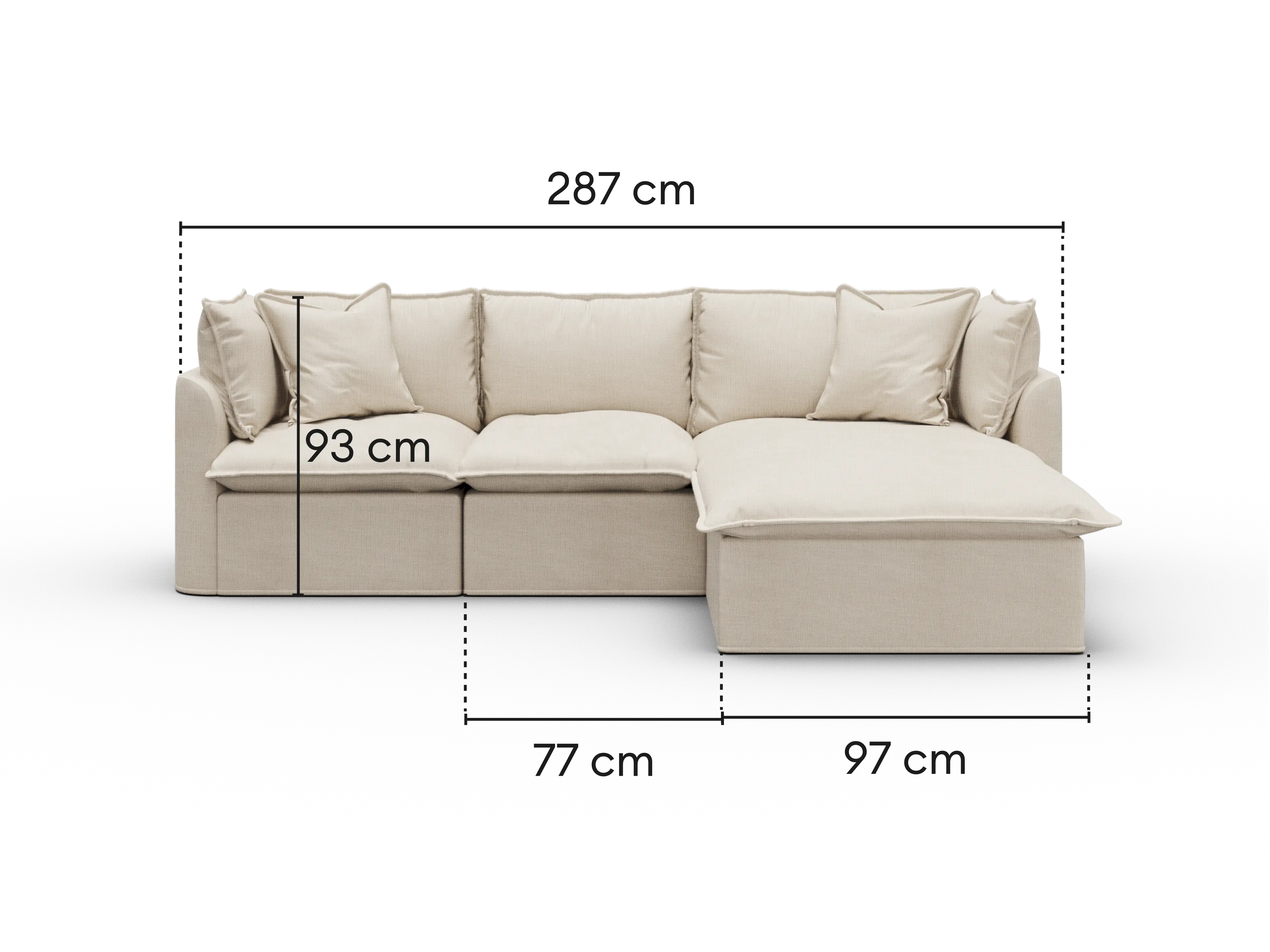 Dimensions diagram of Koala Tamworth 3-seater sofa with chaise with cm measurements