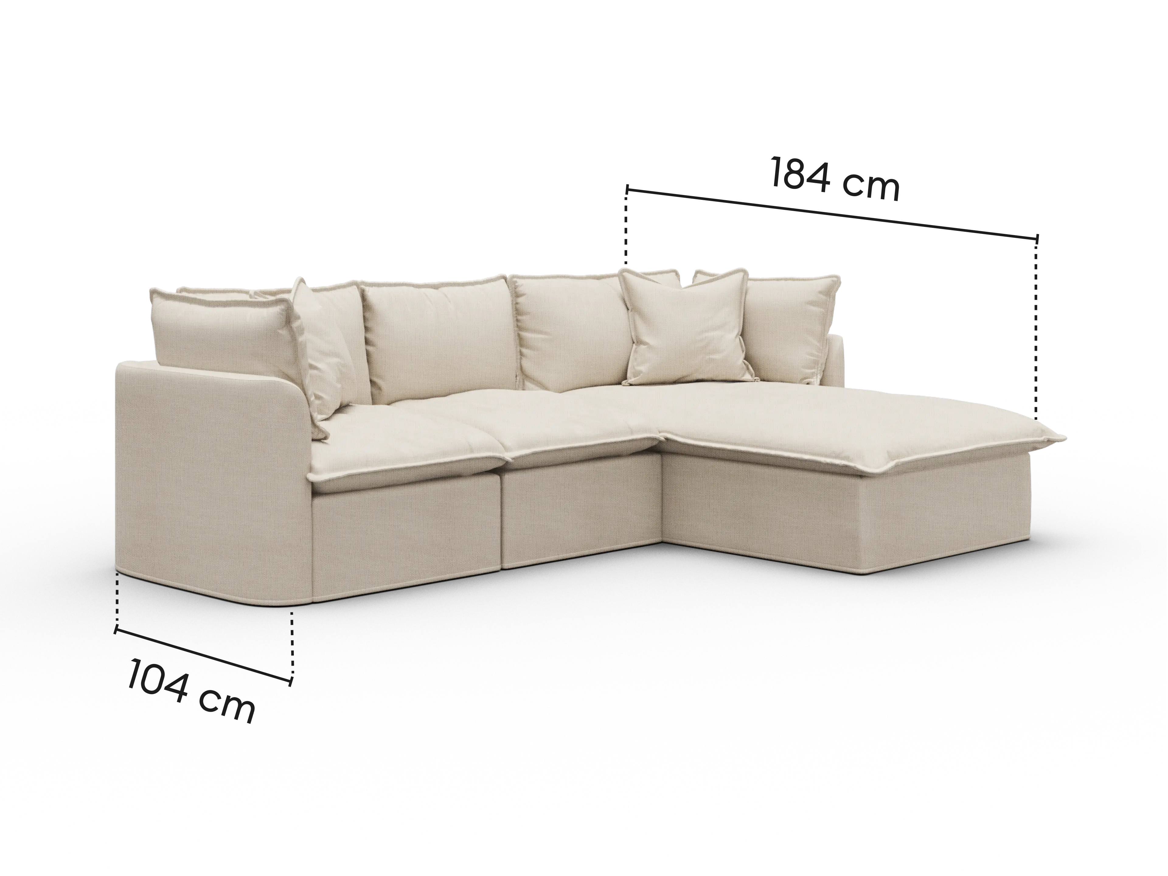 Dimensions diagram of Koala Tamworth 3-seater sofa with chaise with cm measurements