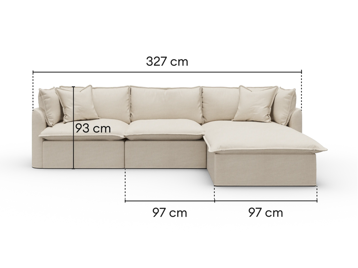 Dimensions diagram of Koala Tamworth 3-seater sofa with chaise with cm measurements
