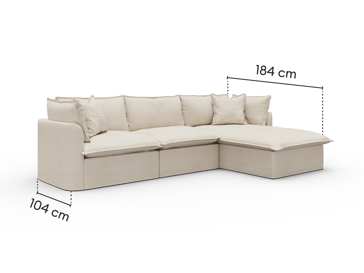 Dimensions diagram of Koala Tamworth 3-seater sofa with chaise with cm measurements
