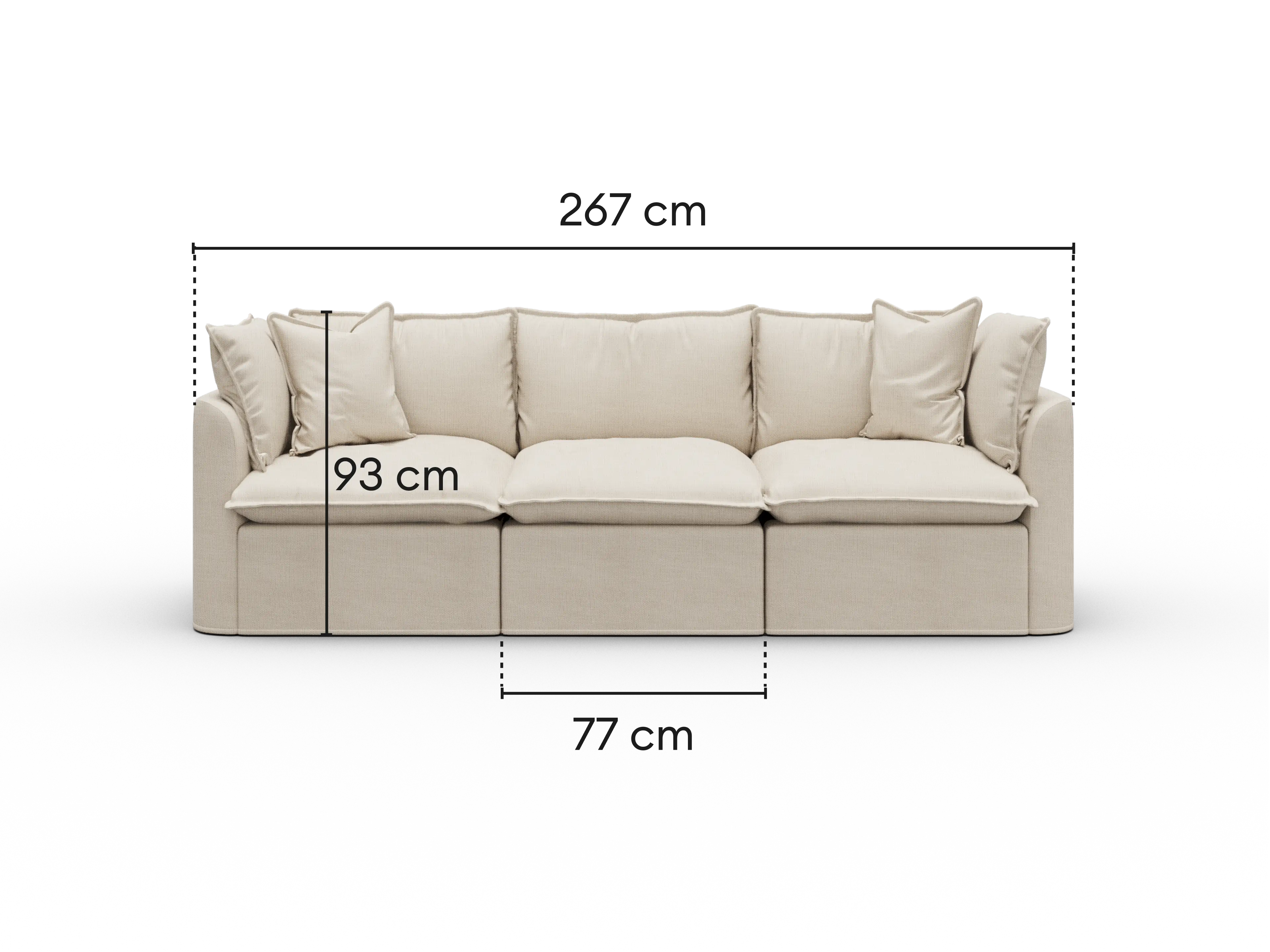 Dimensions diagram of Koala Tamworth 3-seater modular sofa with cm measurements