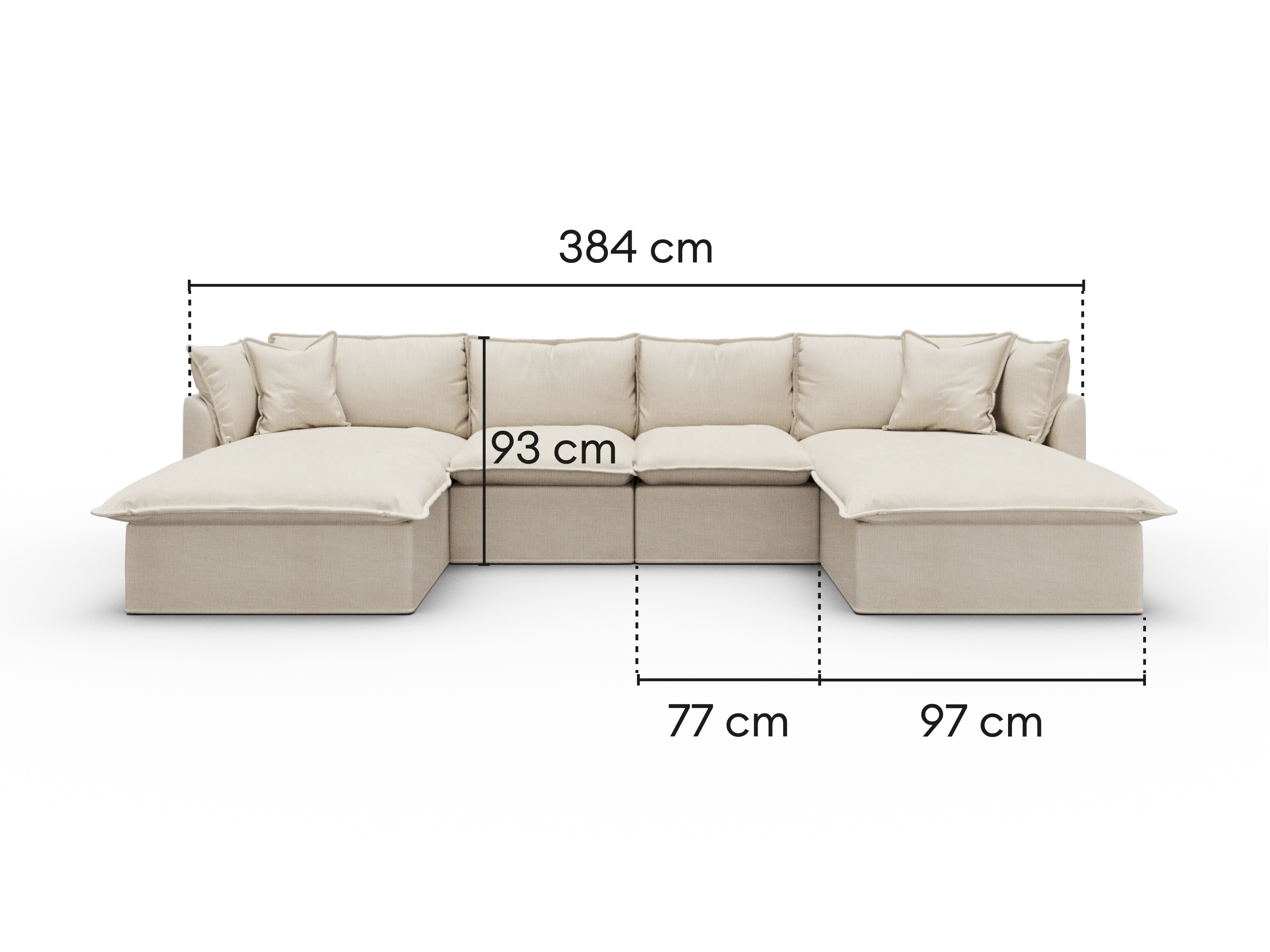 Dimensions diagram of Koala Tamworth 4-seater sofa with double chaise with cm measurements