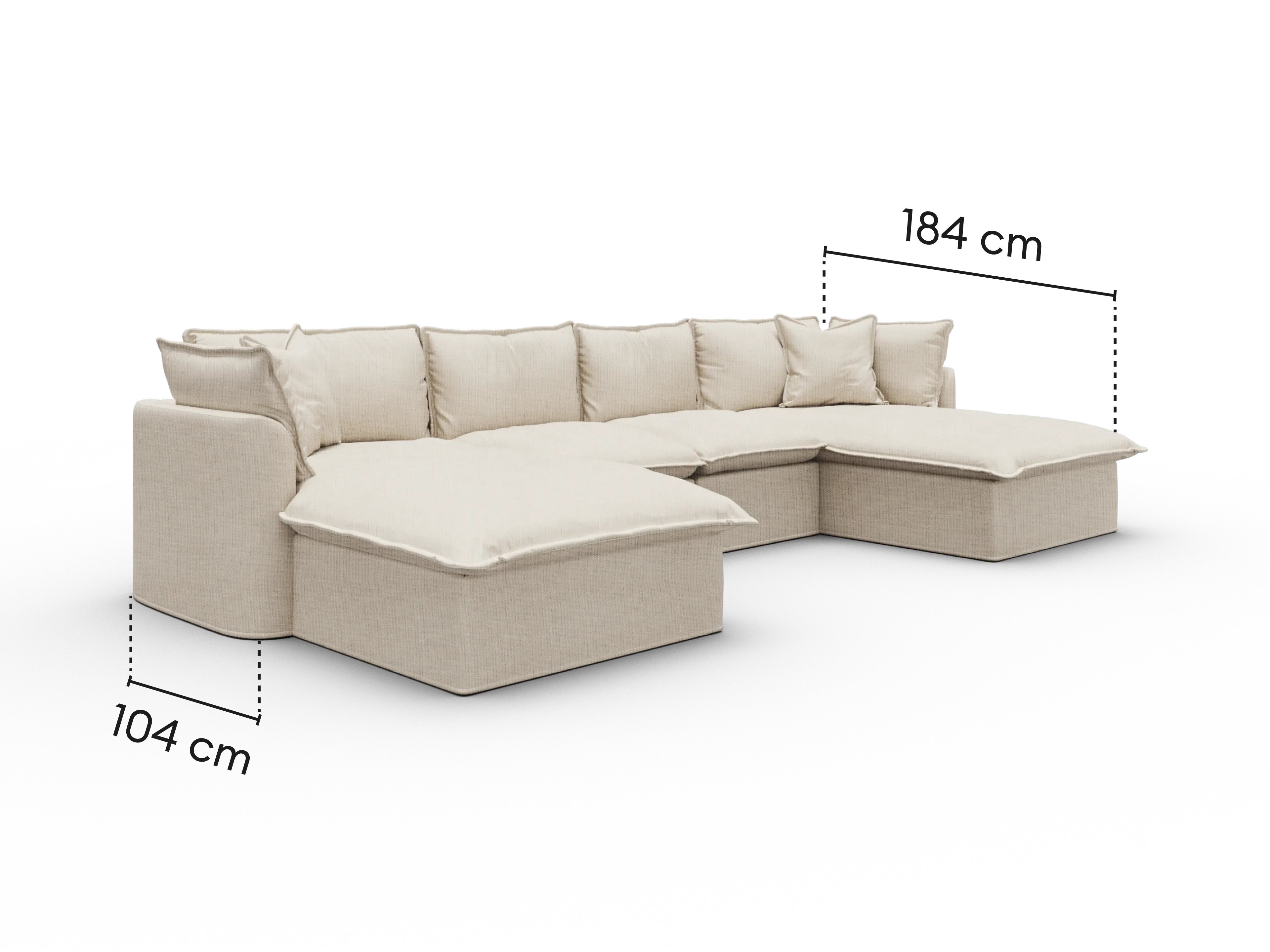 Dimensions diagram of Koala Tamworth 4-seater sofa with double chaise with cm measurements