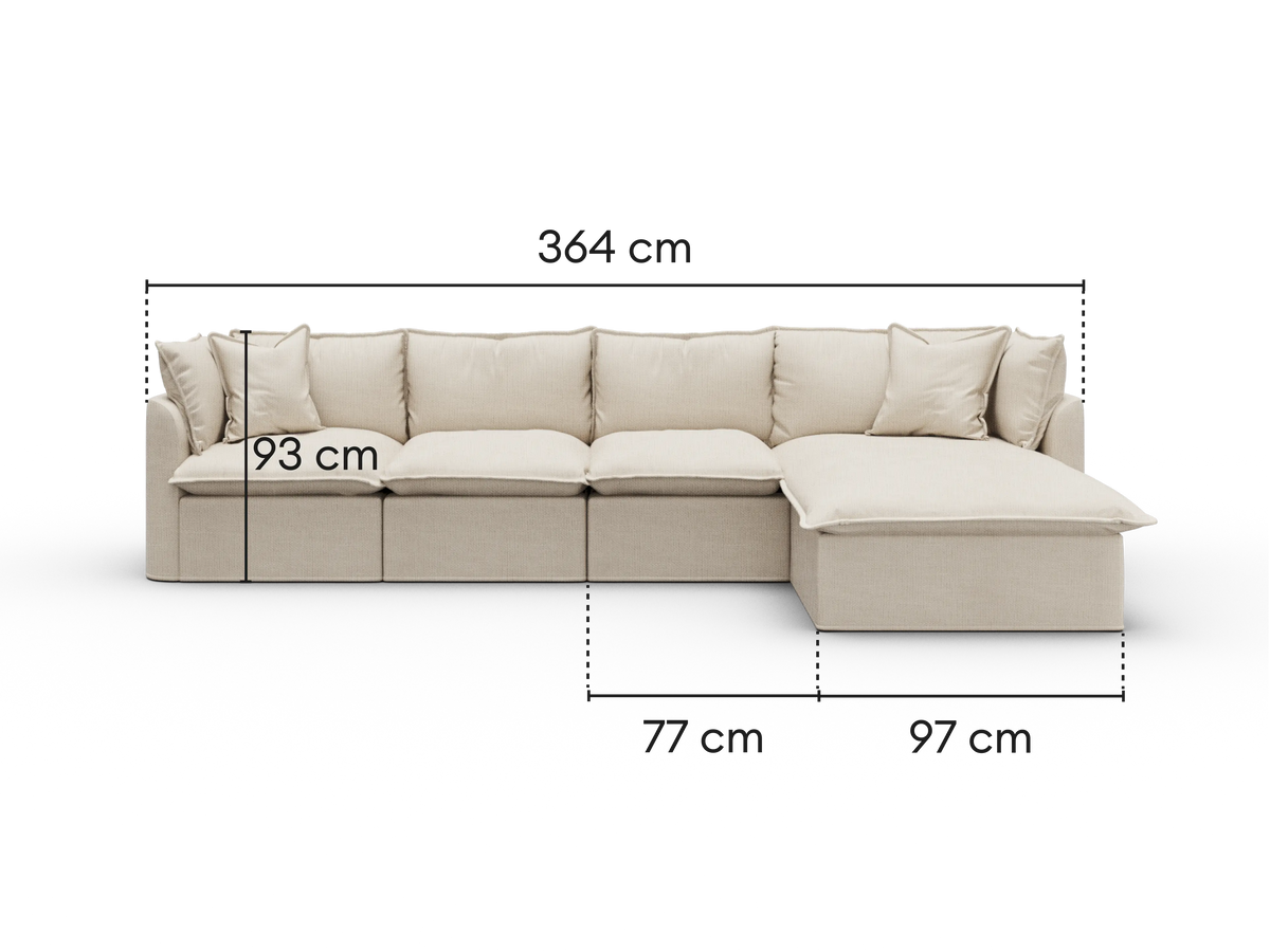 Dimensions diagram of Koala Tamworth 4-seater sofa with chaise with cm measurements