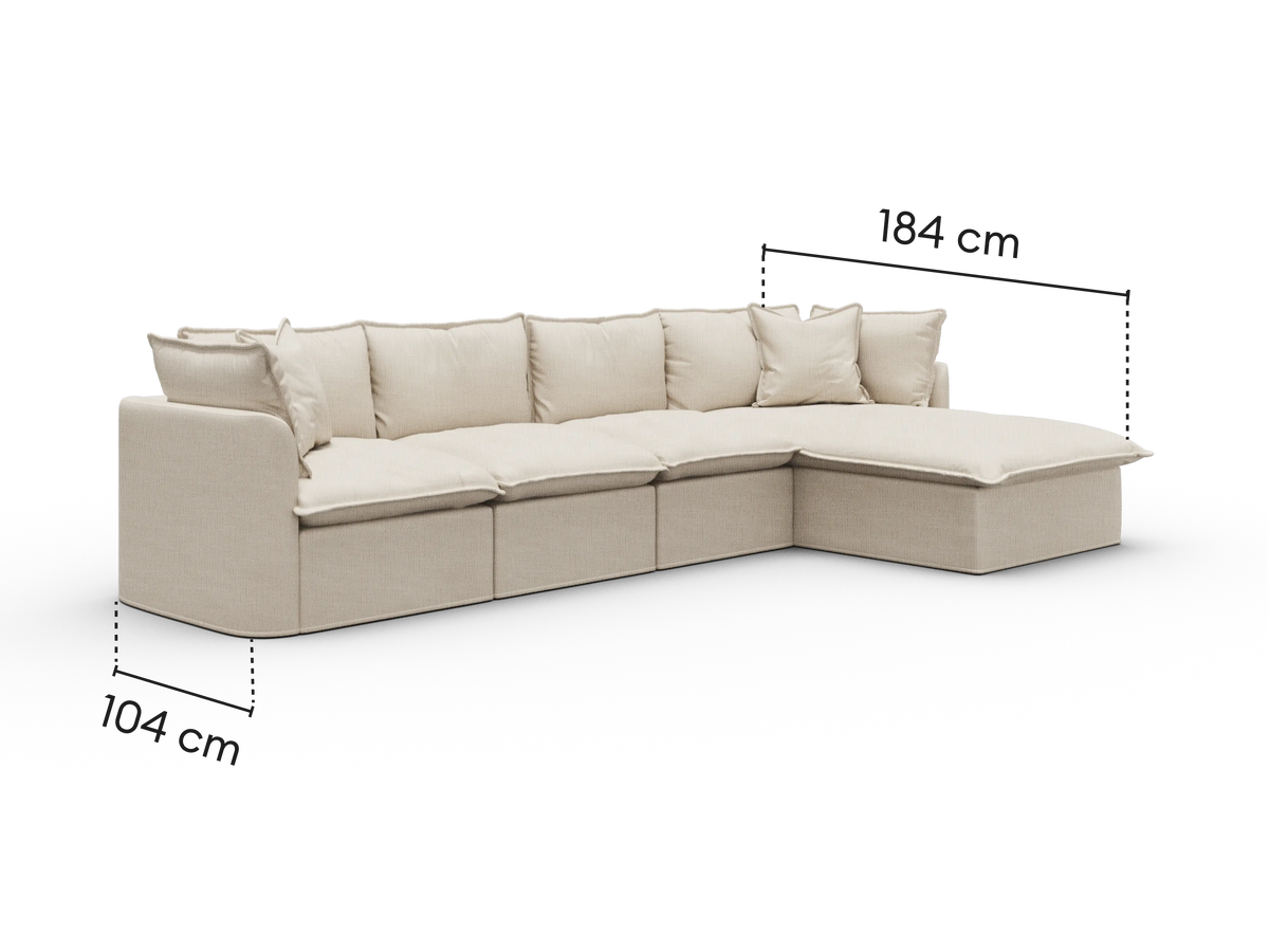 Dimensions diagram of Koala Tamworth 4-seater sofa with chaise with cm measurements