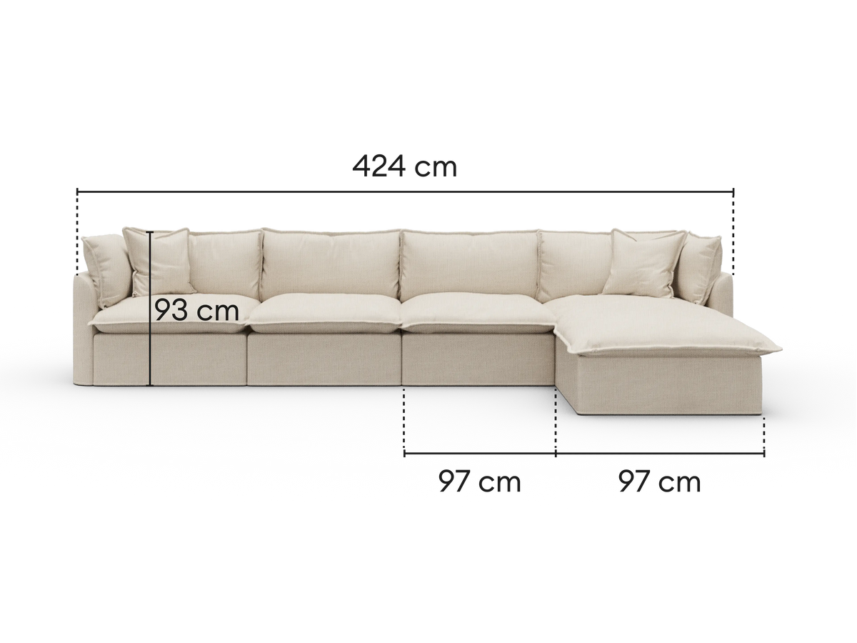 Dimensions diagram of Koala Tamworth 4-seater sofa with chaise with cm measurements