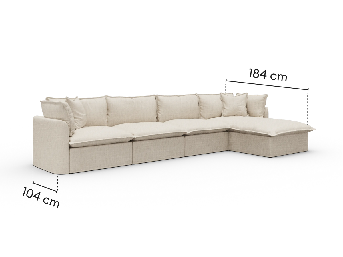 Dimensions diagram of Koala Tamworth 4-seater sofa with chaise with cm measurements