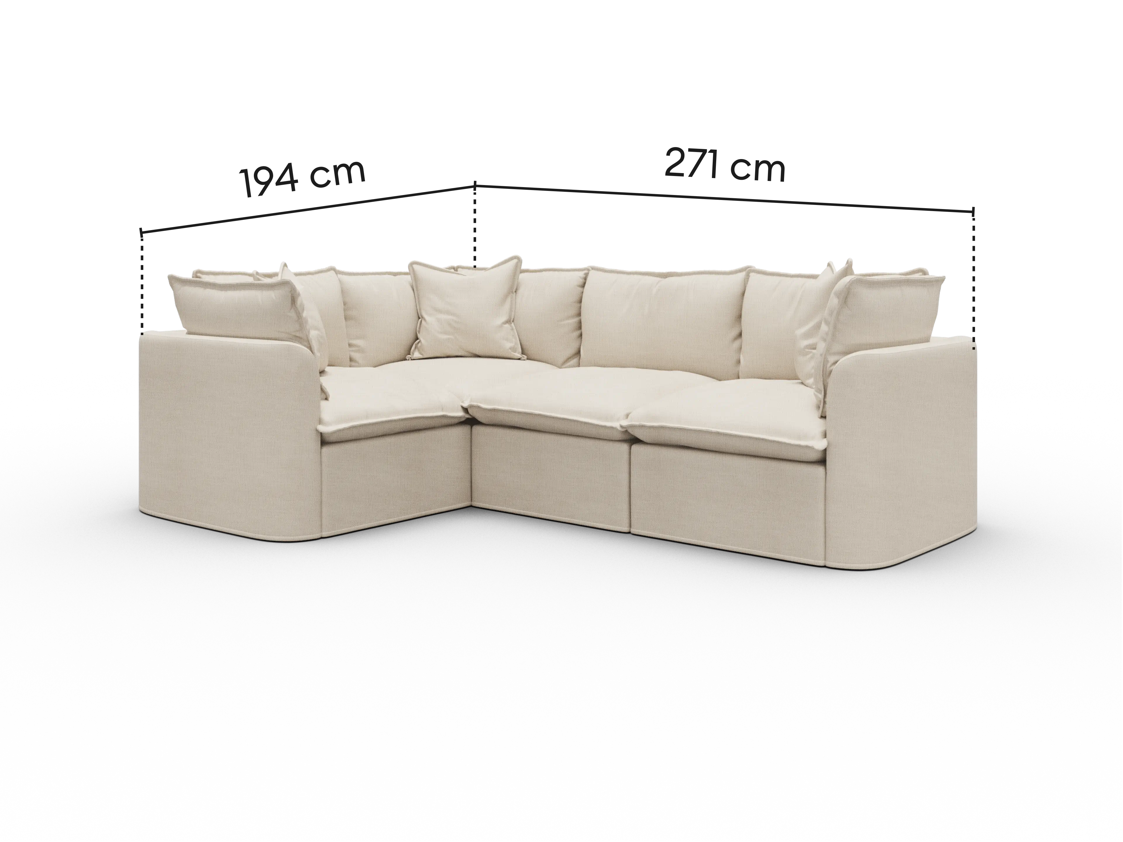 Dimensions diagram of Koala Tamworth 4-seater L-shape sectional with corner with cm measurements