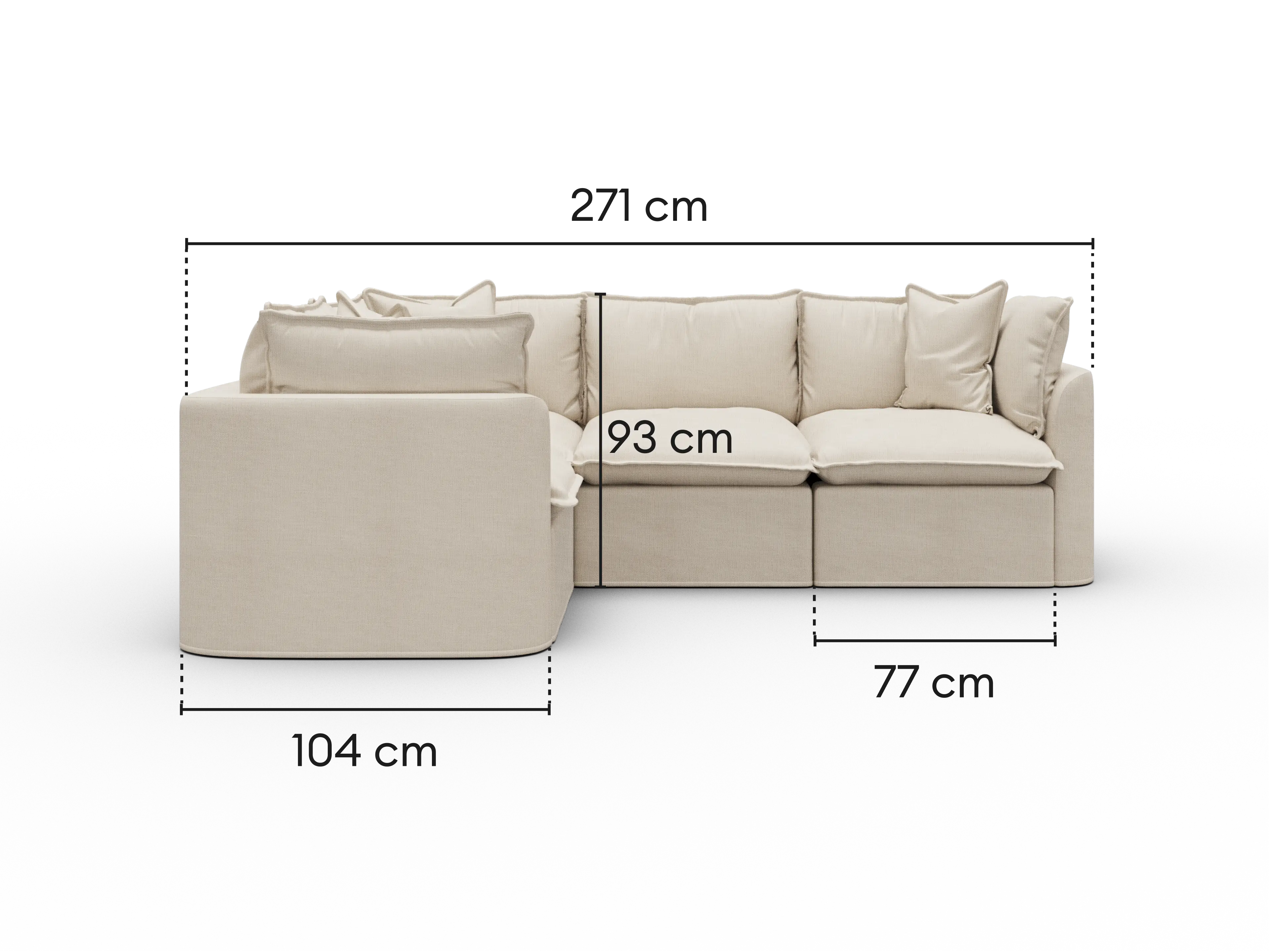 Dimensions diagram of Koala Tamworth 4-seater L-shape sectional with corner with cm measurements
