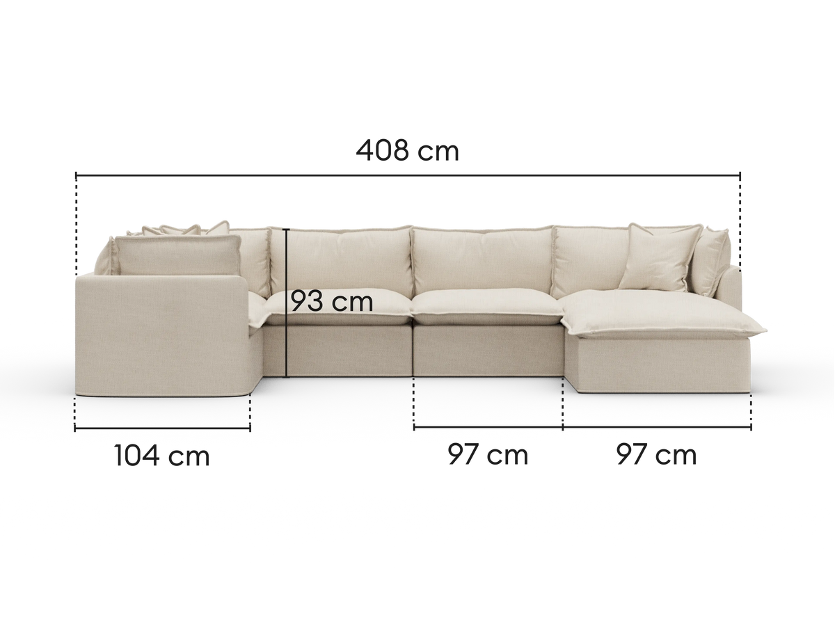 Dimensions diagram of Koala Tamworth 5-seater L-shape sectional with corner chaise with cm measurements