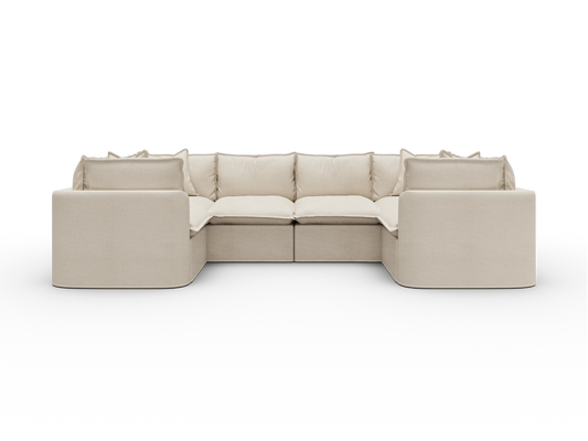 Koala Tamworth Washable Covers 6-seater U-shape sectional with two corners in cream linen-look fabric on white