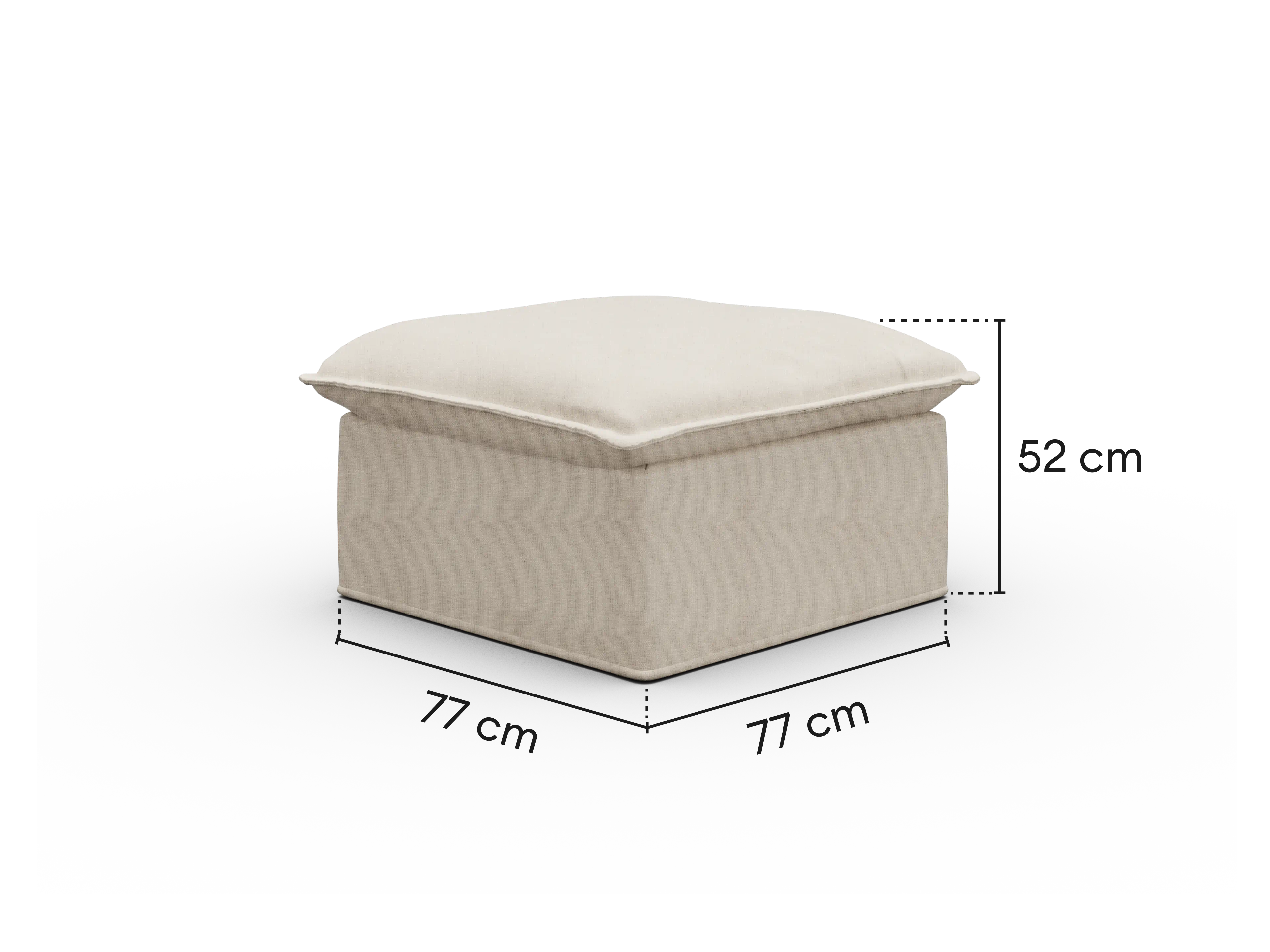 Dimensions diagram of cream Koala Tamworth Washable Covers small ottoman with 77 x 77 x 52 cm measurements