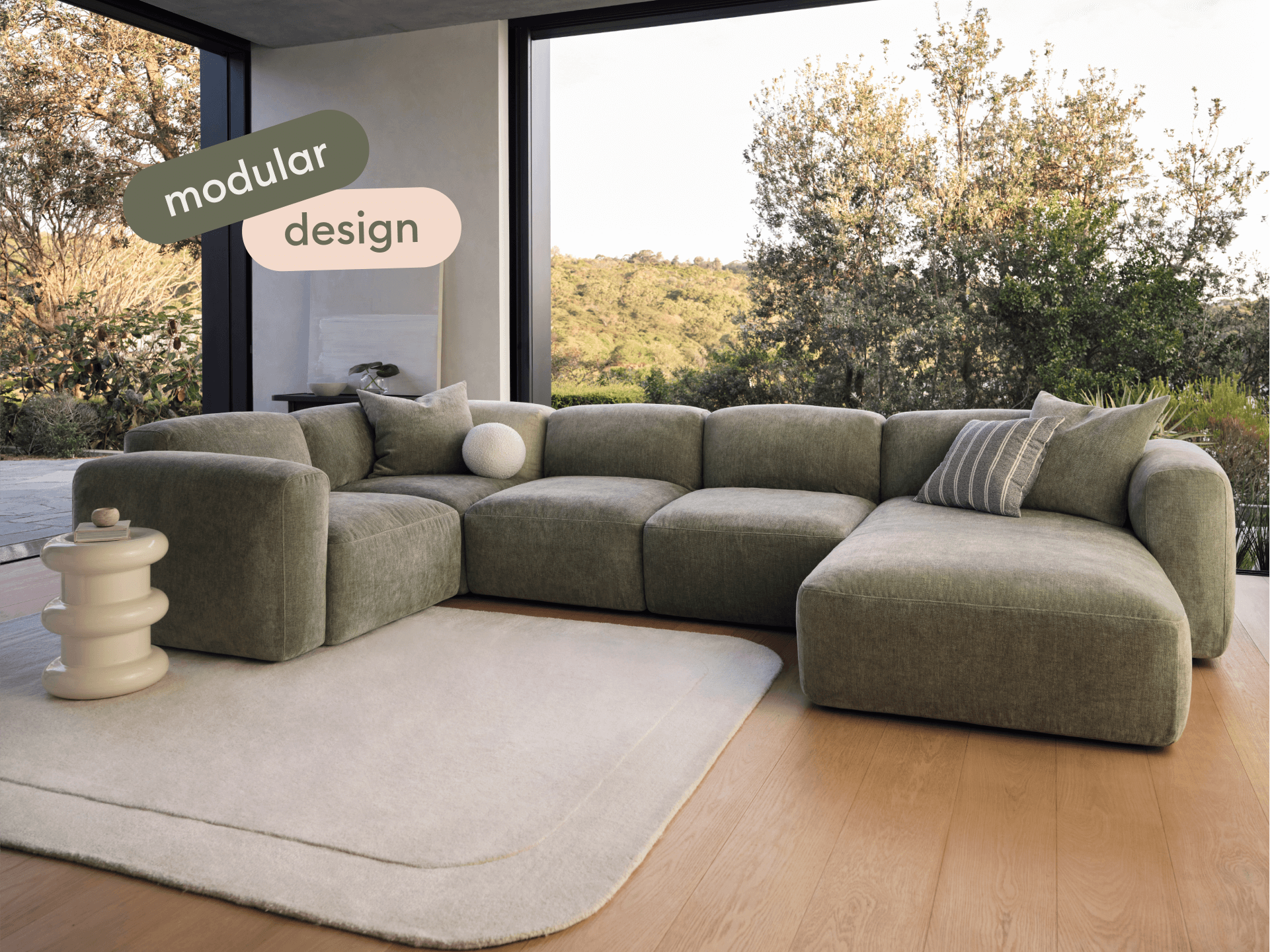 Torquay Modular Sofa - Extra Wide / 5 Sections with Chaise / Forest Dawn (Luxe edition)