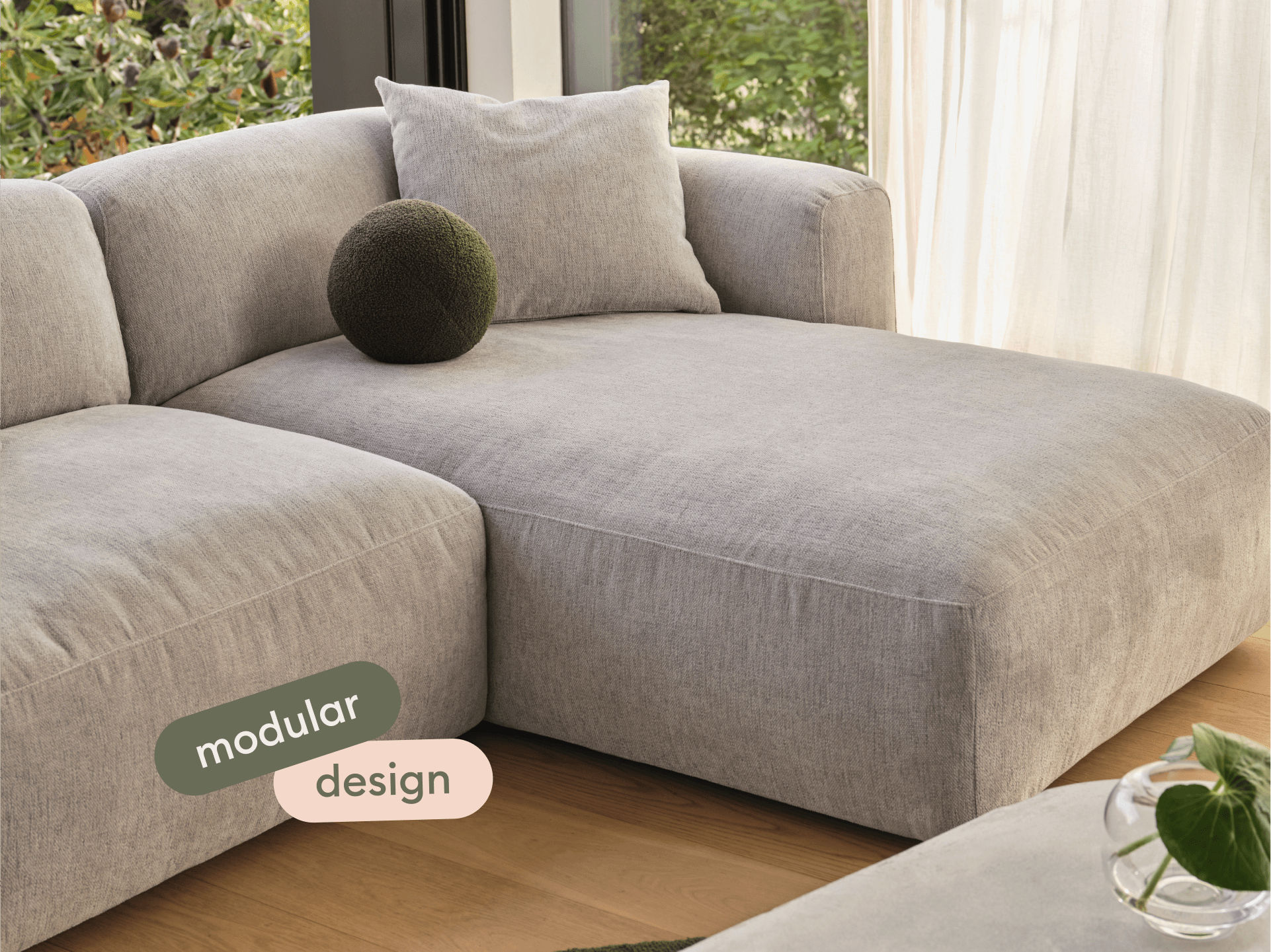 Torquay Modular Sofa - Regular / 5 Sections with Chaise / Moonlit Silver (Luxe edition)